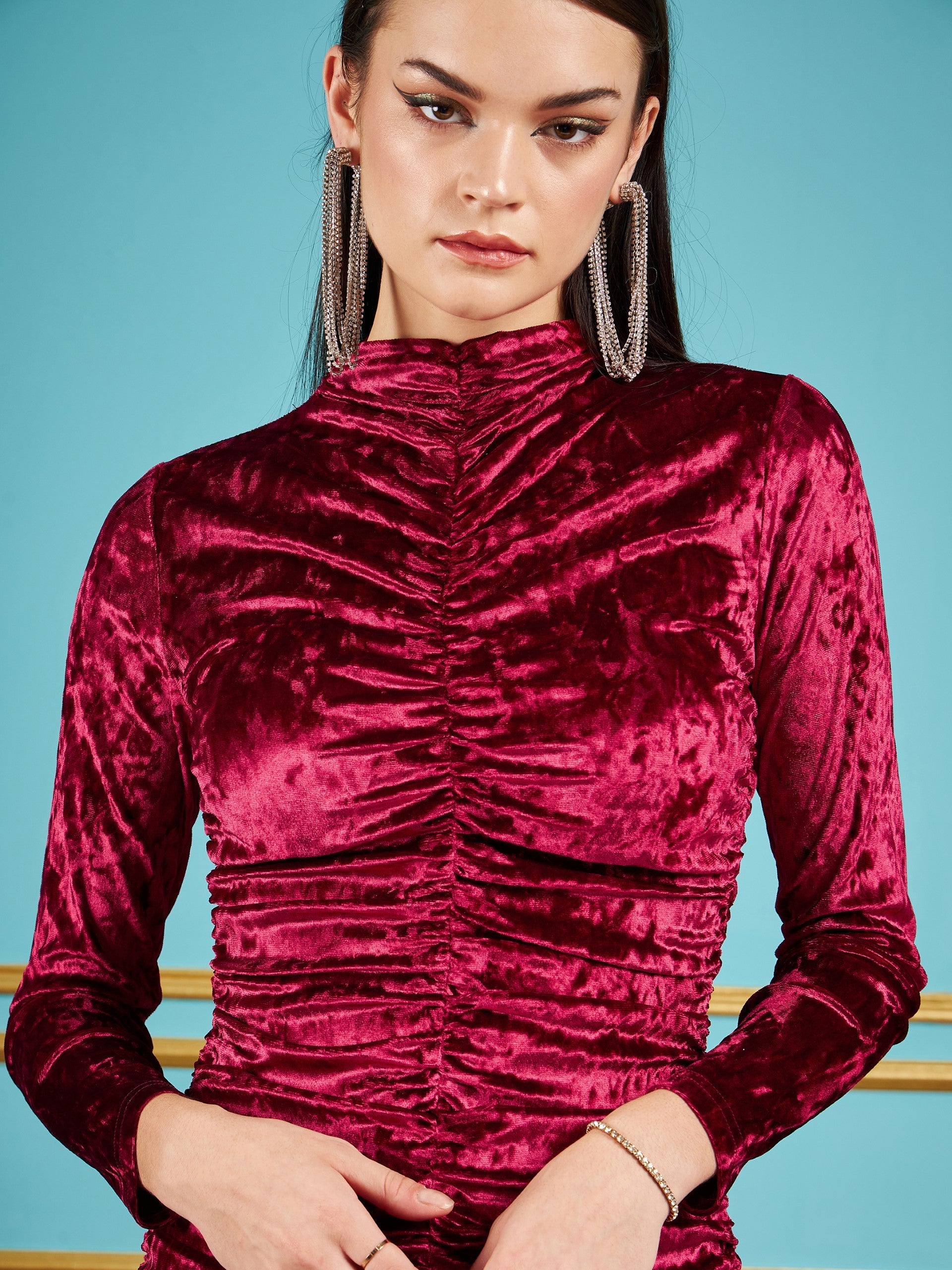 Red Velvet Ruched Short Bodycon Dress-SASSAFRAS