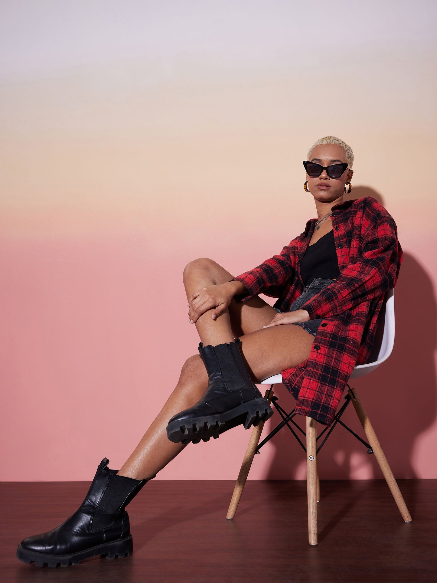 Red & Black Check Lounge Shirt Dress-SASSAFRAS alt-laze
