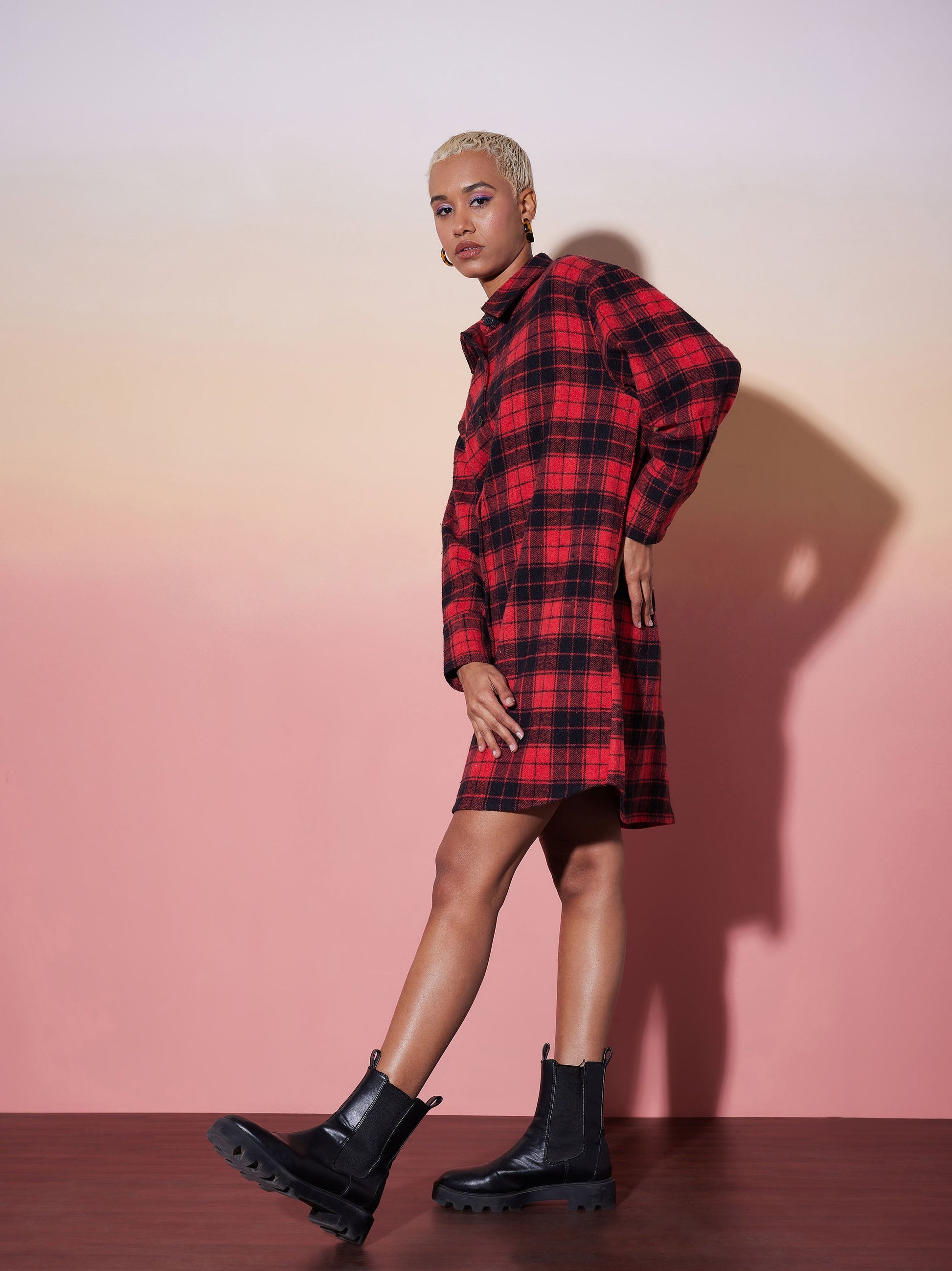 Red & Black Check Lounge Shirt Dress-SASSAFRAS alt-laze