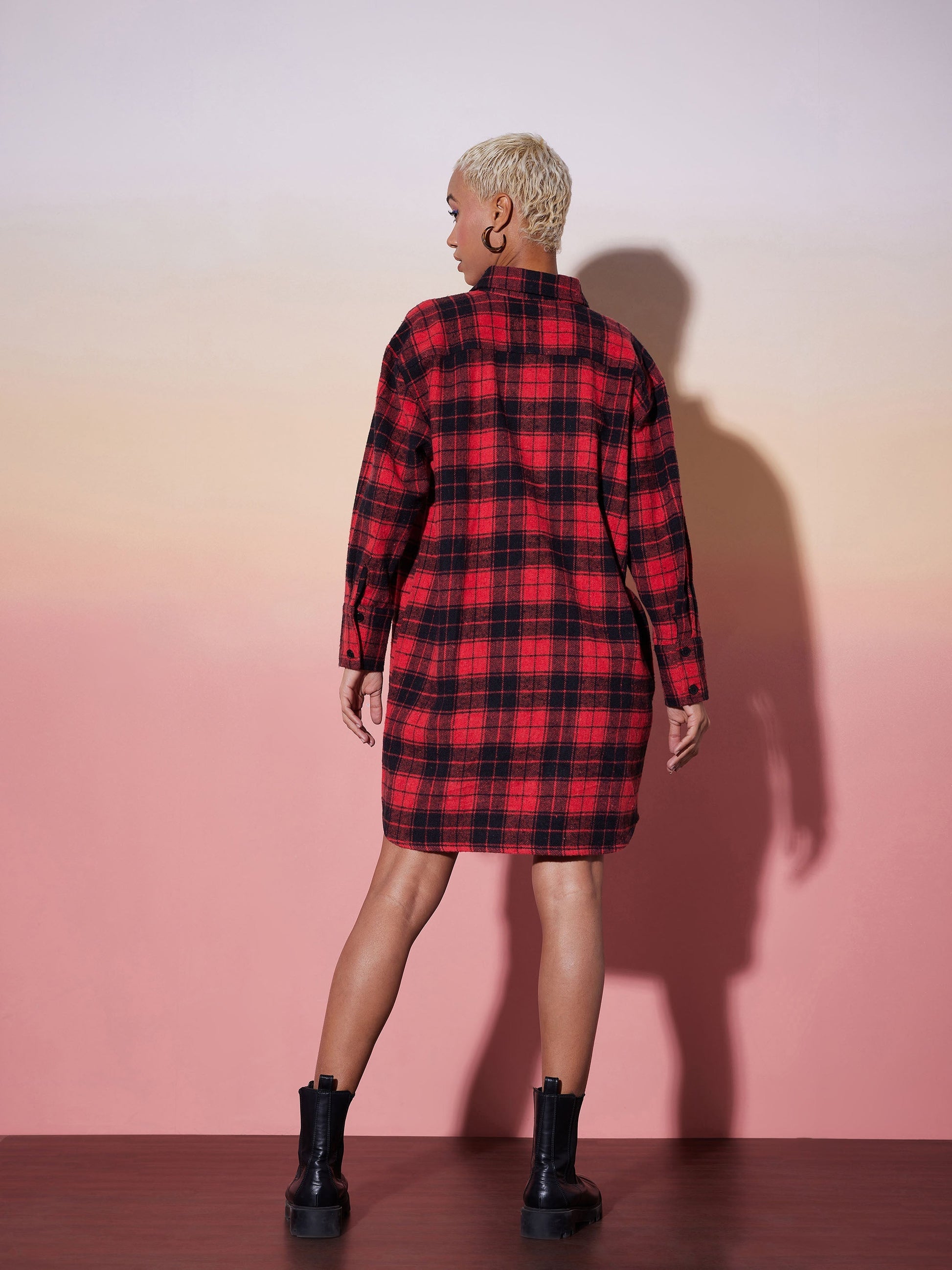 Red & Black Check Lounge Shirt Dress-SASSAFRAS alt-laze