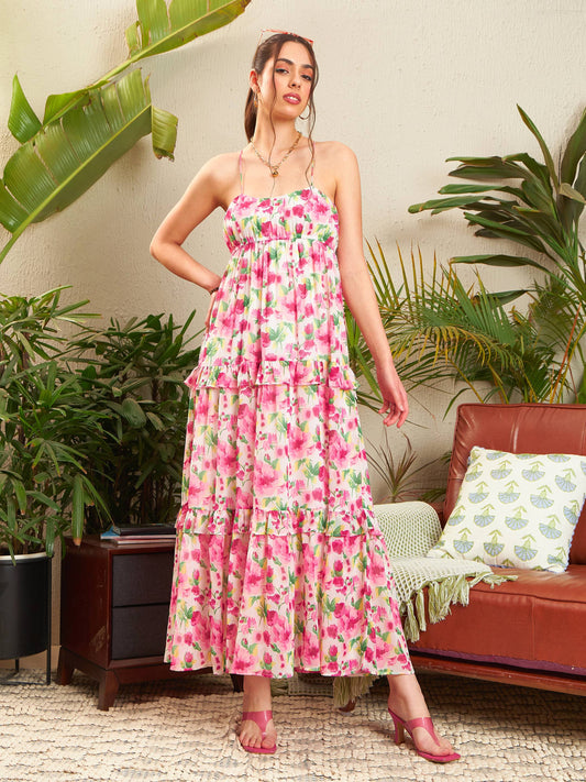 Pink Floral Strappy Ruflle Maxi Dress-SASSAFRAS