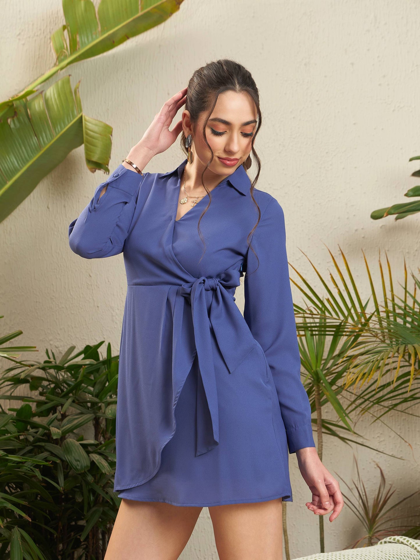 Blue Wrap Tie Short Dress-SASSAFRAS