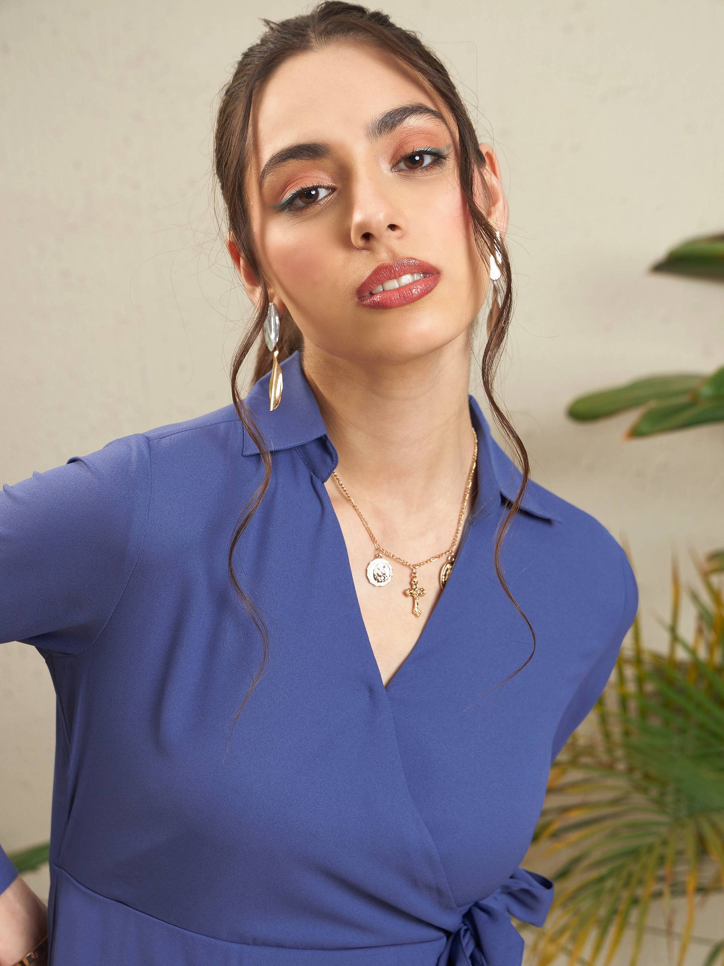 Blue Wrap Tie Short Dress-SASSAFRAS
