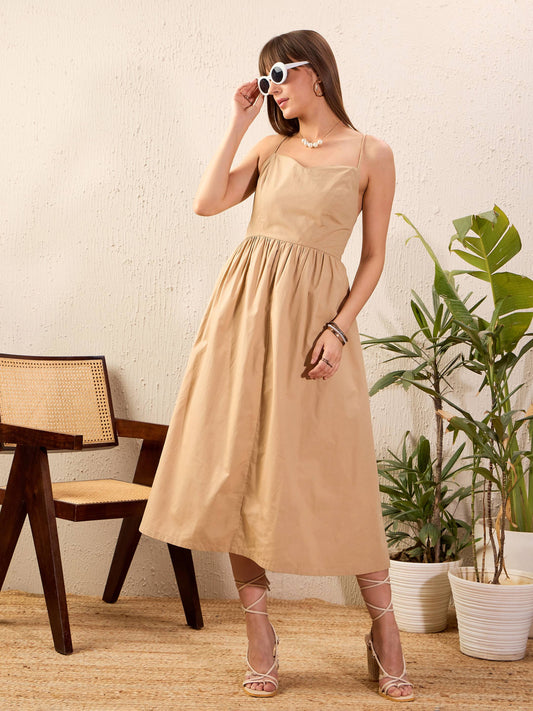 Beige Strappy Back Tie Midi Dress-SASSAFRAS