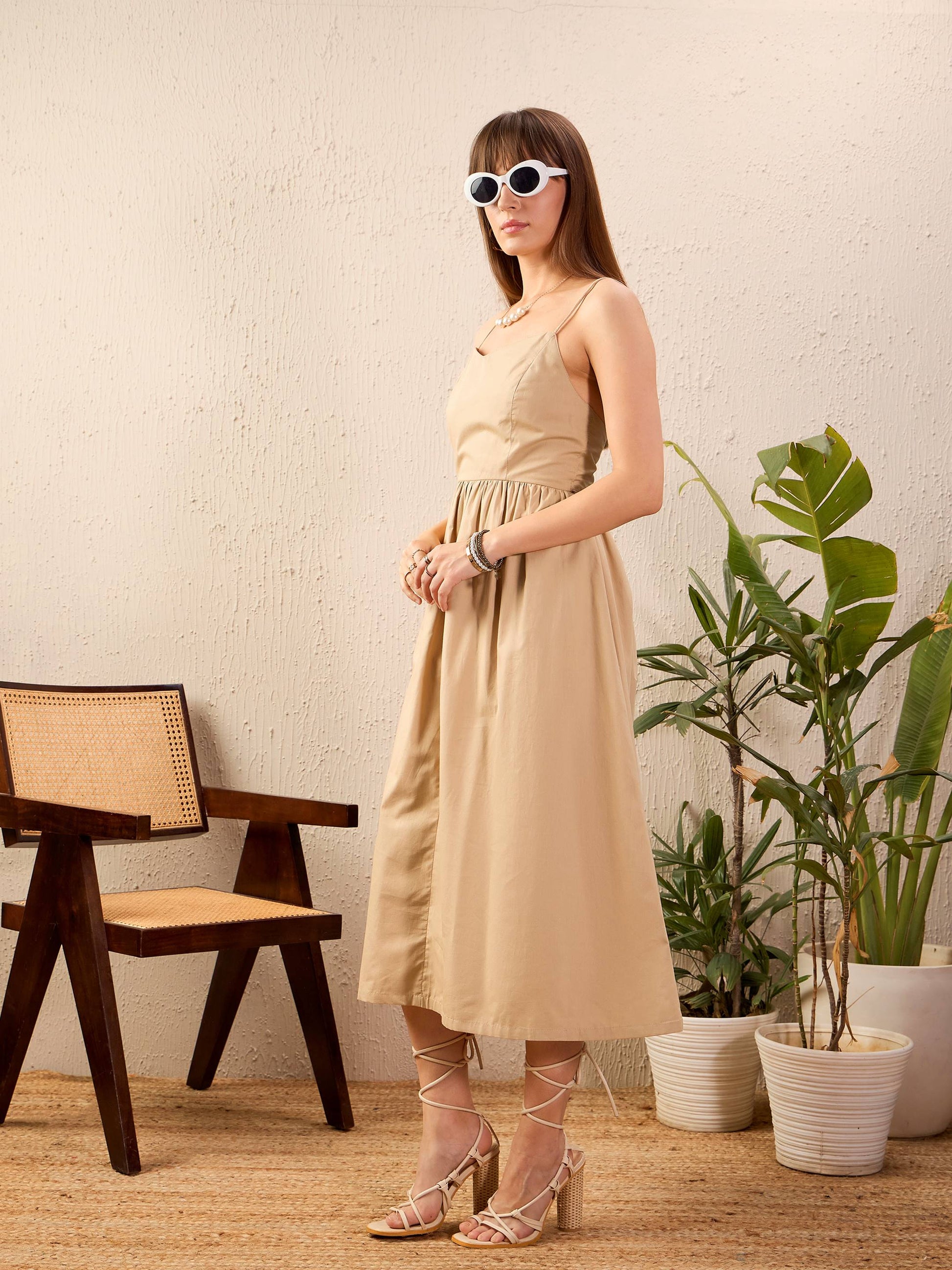 Beige Strappy Back Tie Midi Dress-SASSAFRAS