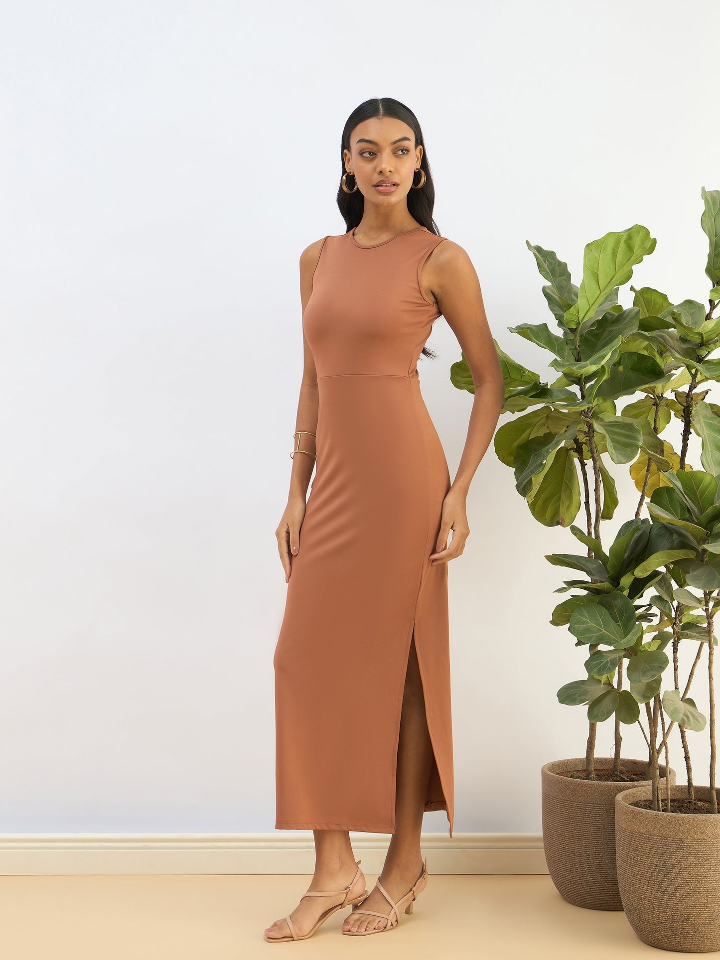 Women Rust Knitted Sleveeless Bodycon Midi Dress