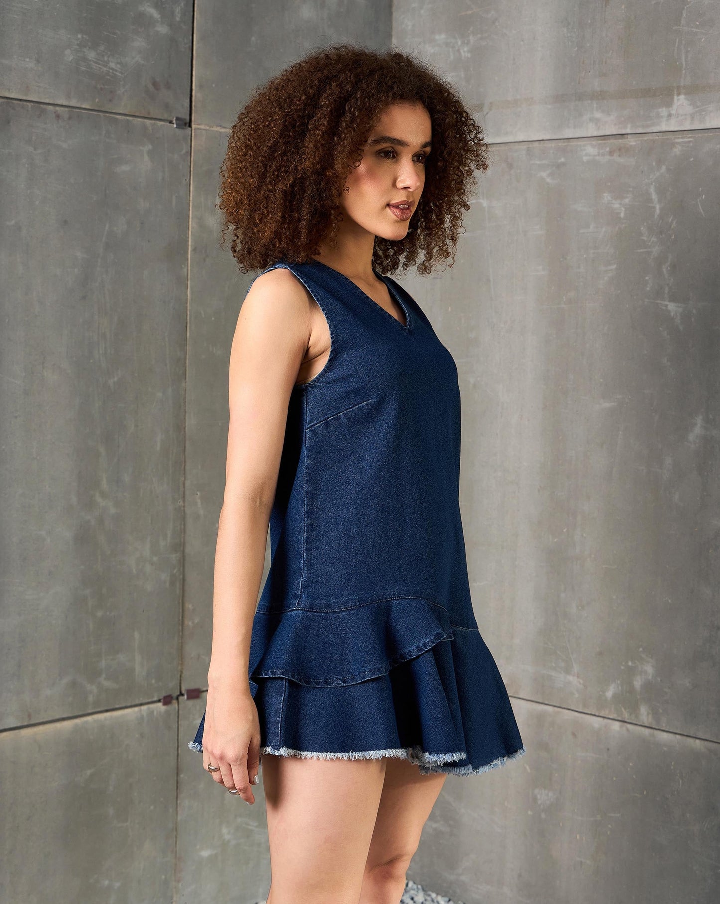 Women Navy Denim Asymmetric Fringe Hem Short Dress
