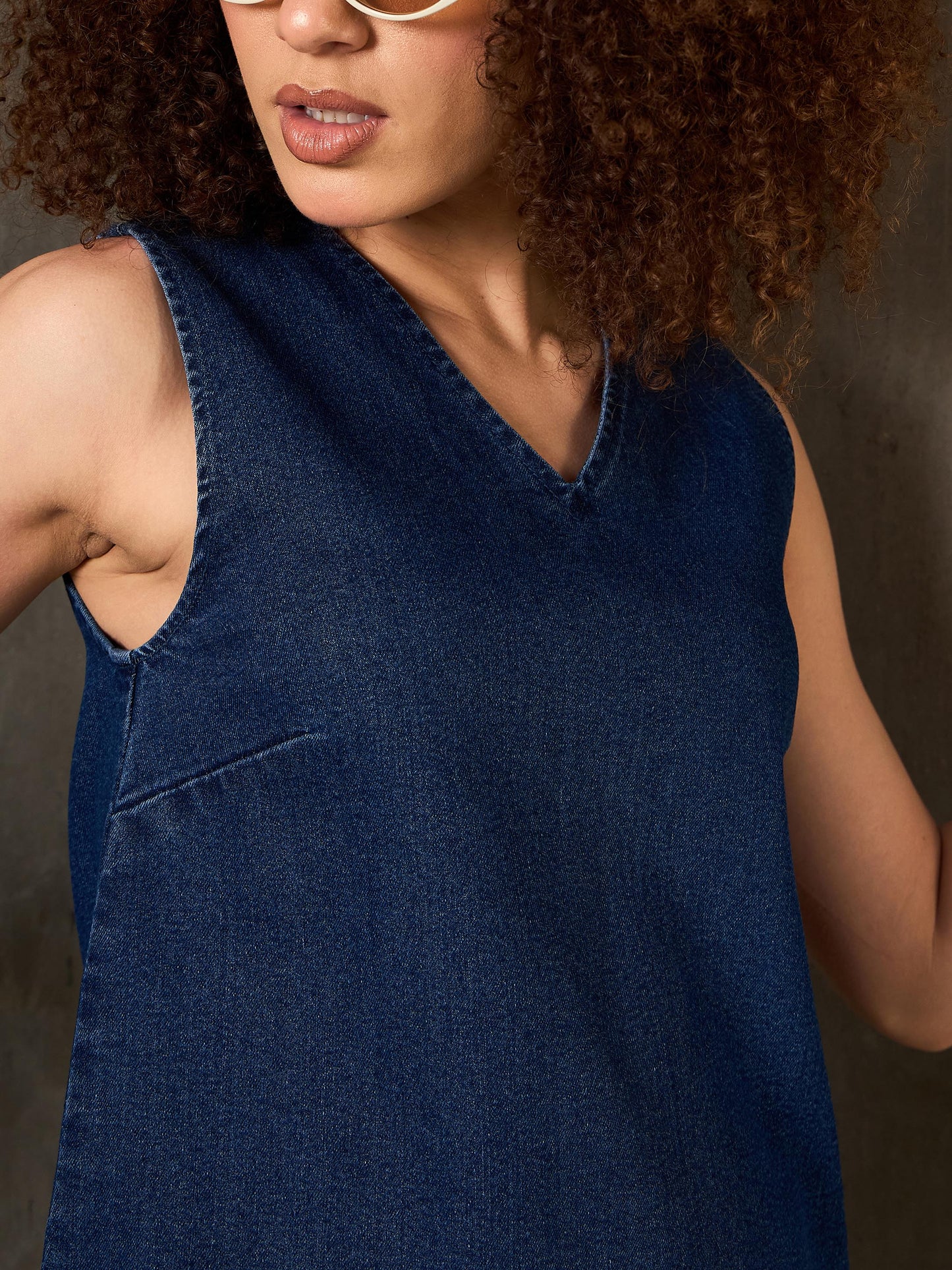 Women Navy Denim Asymmetric Fringe Hem Short Dress