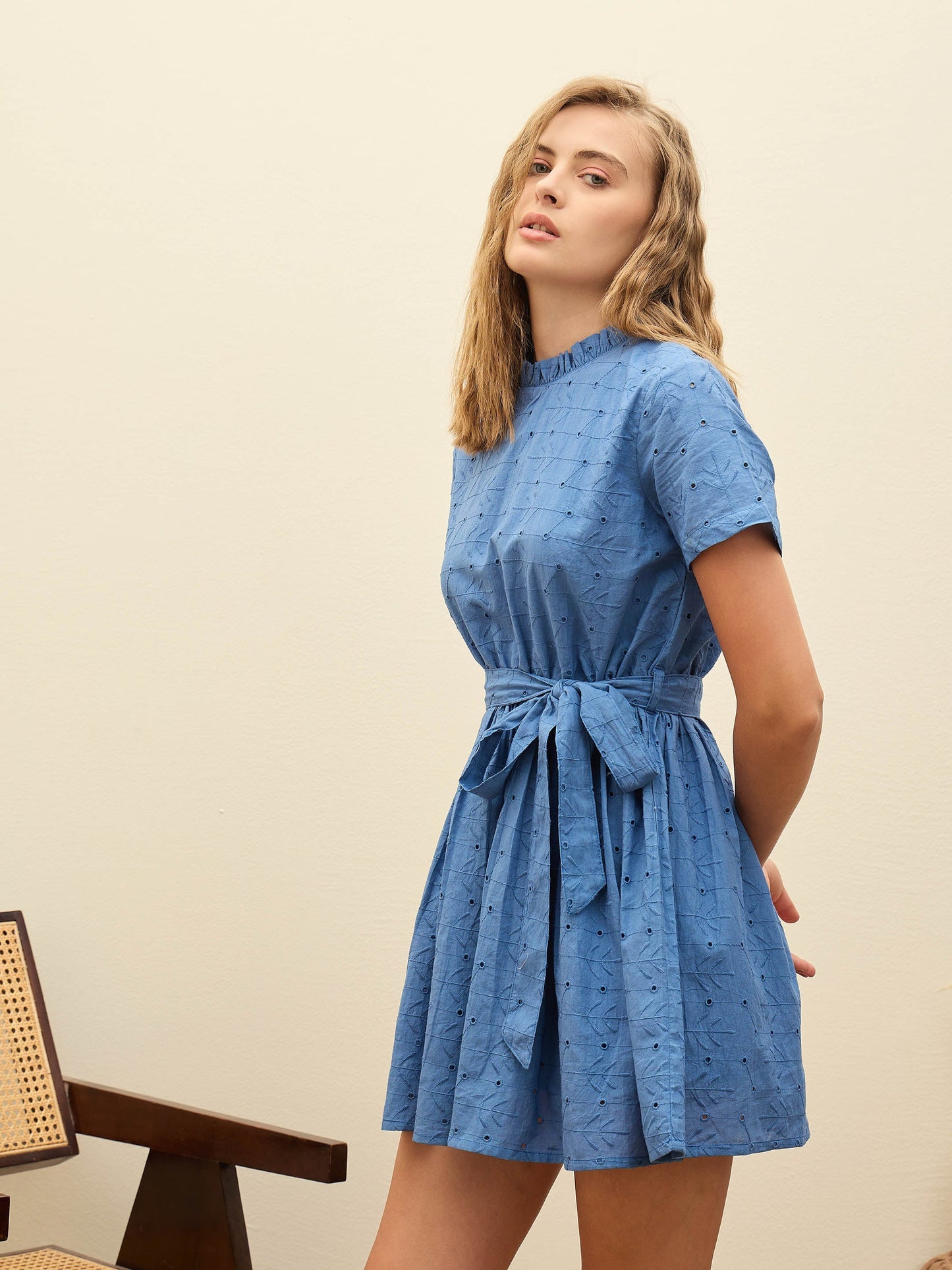 Women Blue Schiffli Round Neck Belted Short Dress