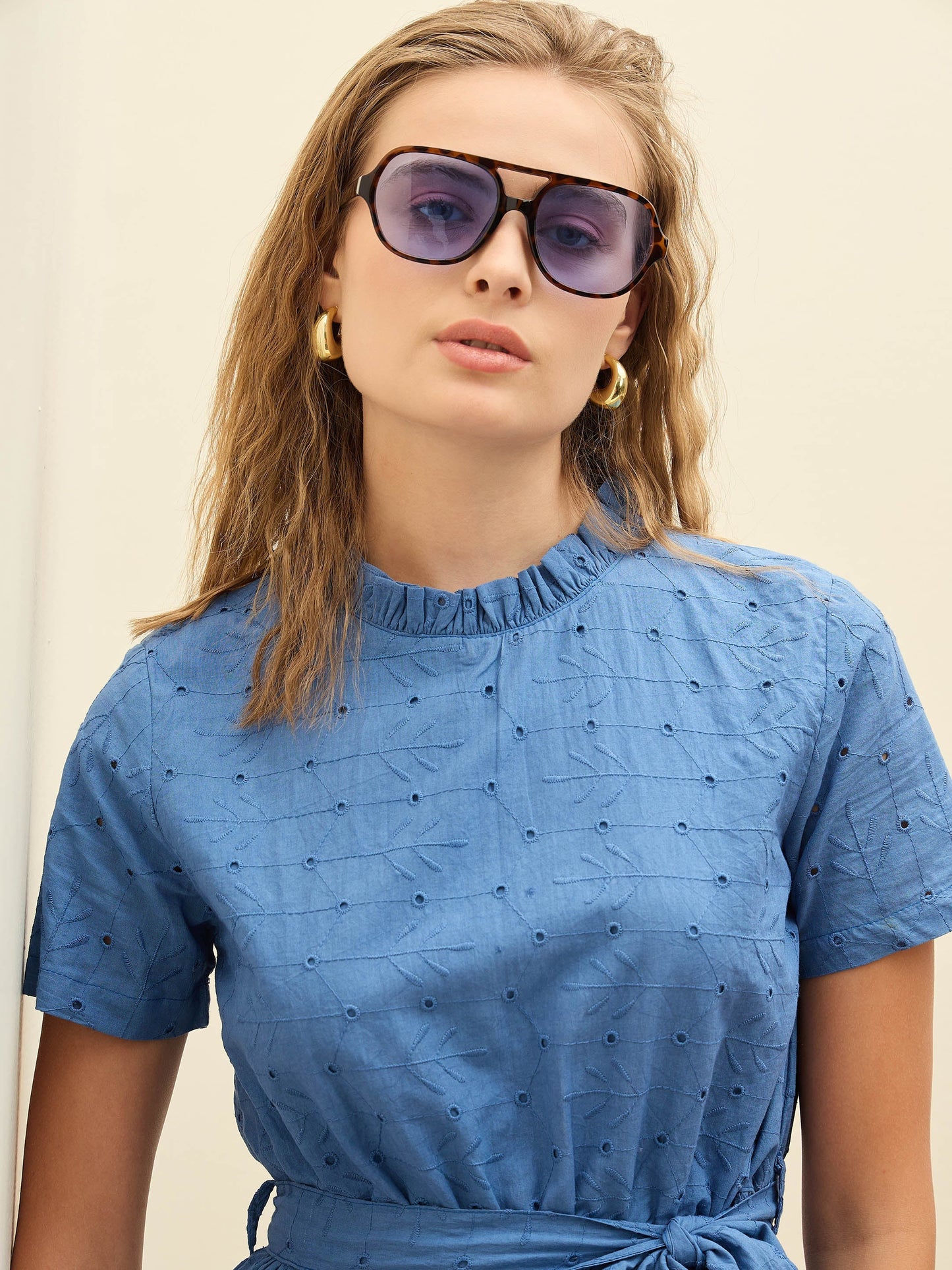 Women Blue Schiffli Round Neck Belted Short Dress