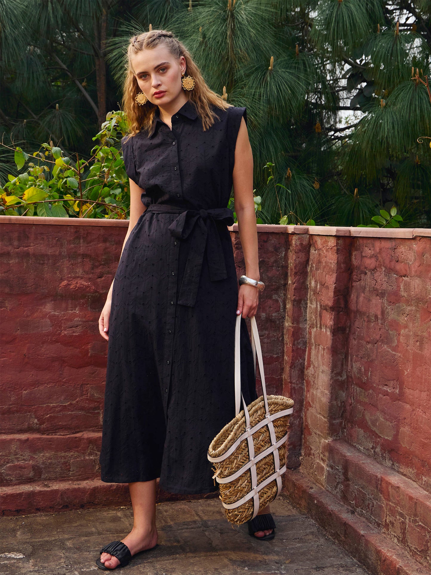 Women Black Schiffli Button Down Midi Dress