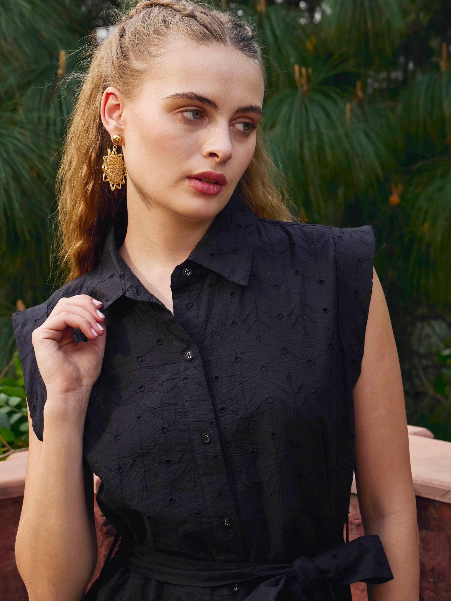 Women Black Schiffli Button Down Midi Dress