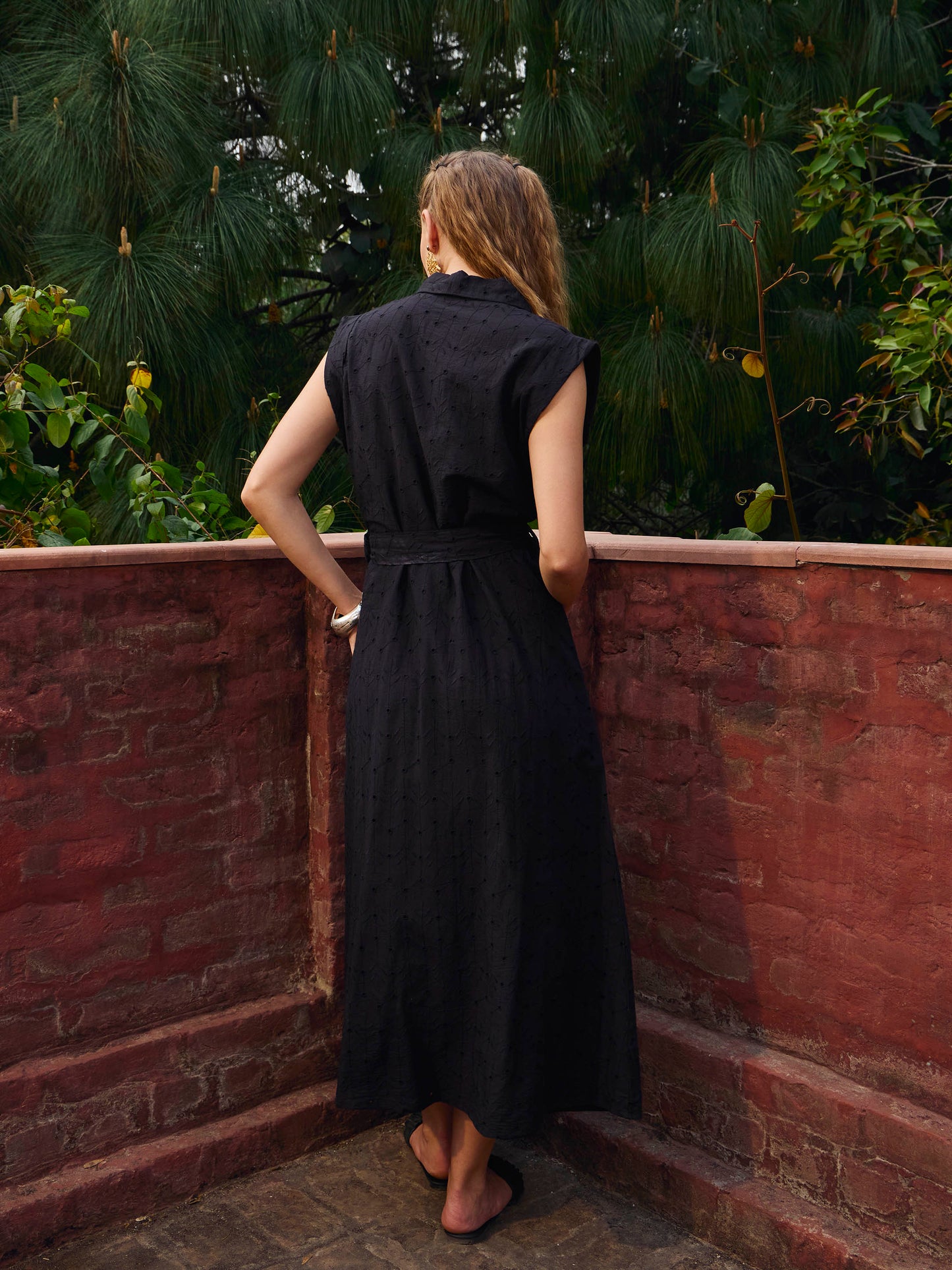 Women Black Schiffli Button Down Midi Dress