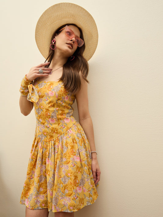 Women Yellow Floral Square Neck Short Dress