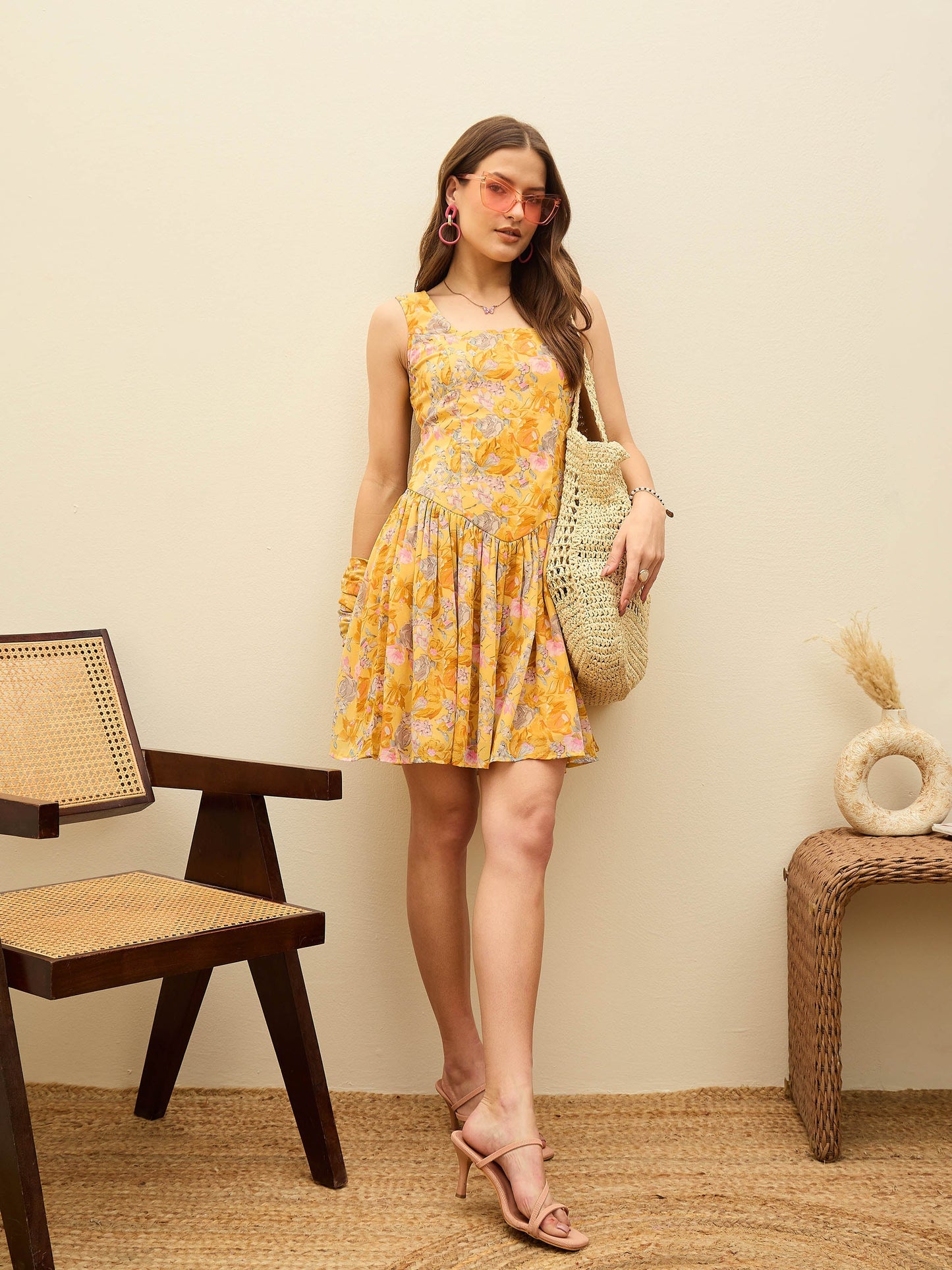 Women Yellow Floral Square Neck Short Dress