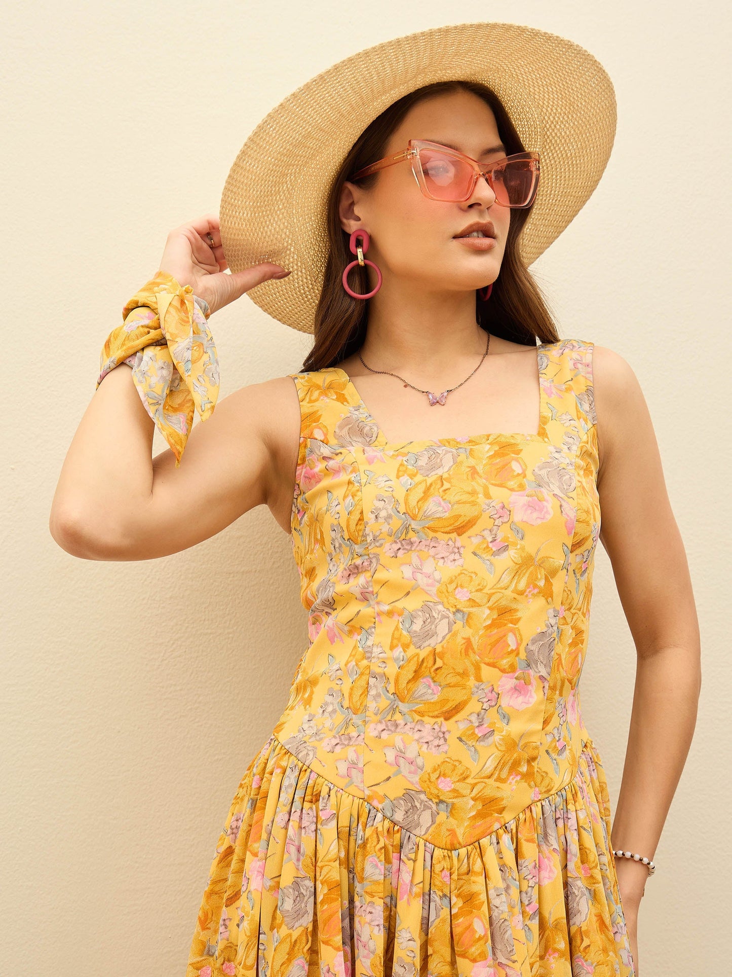 Women Yellow Floral Square Neck Short Dress