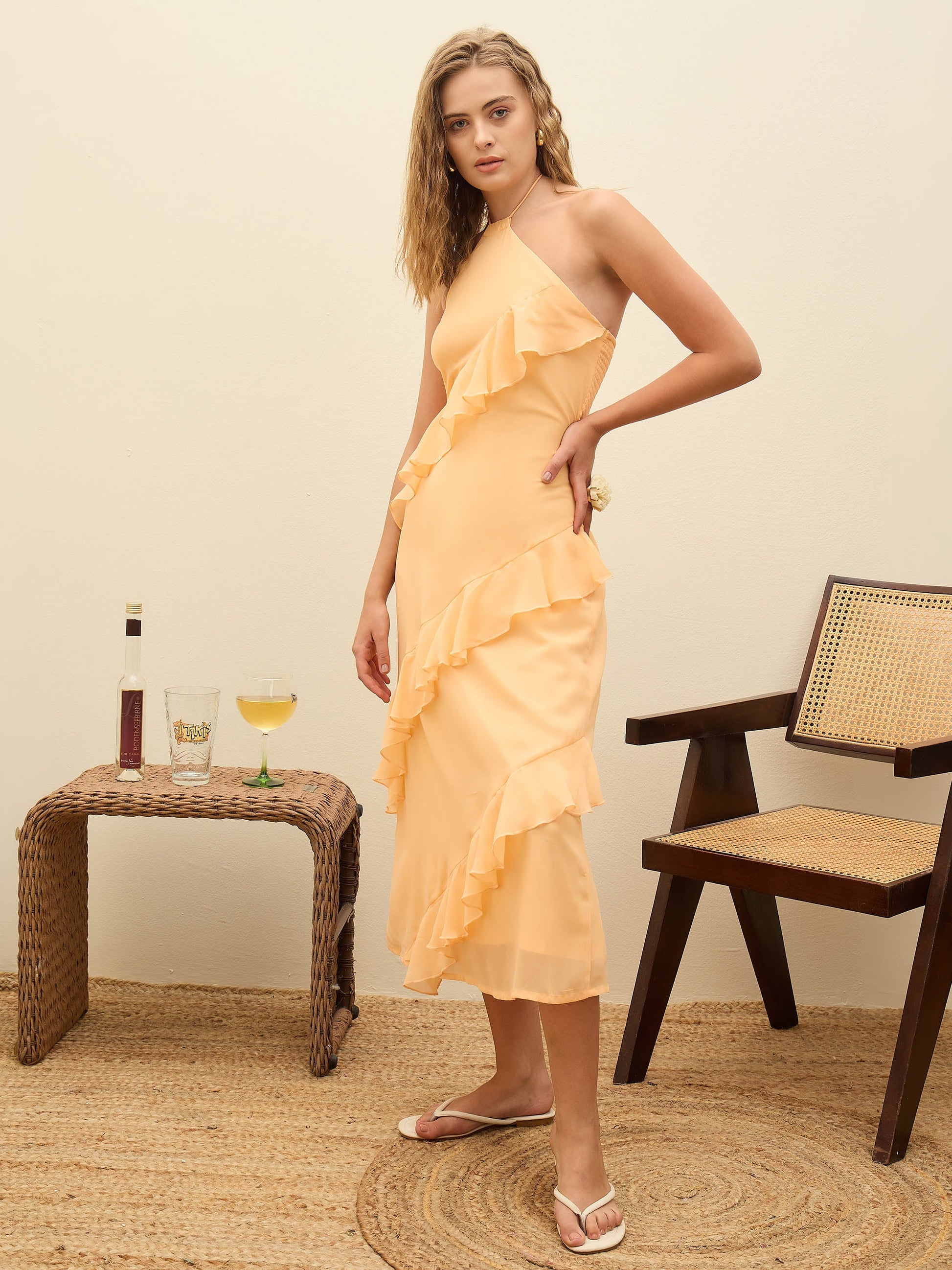 Women Peach Solid Halter Neck Maxi Dress Poash Fashion Inc Women Peach Solid Halter Neck Maxi Dress Poash Fashion Inc