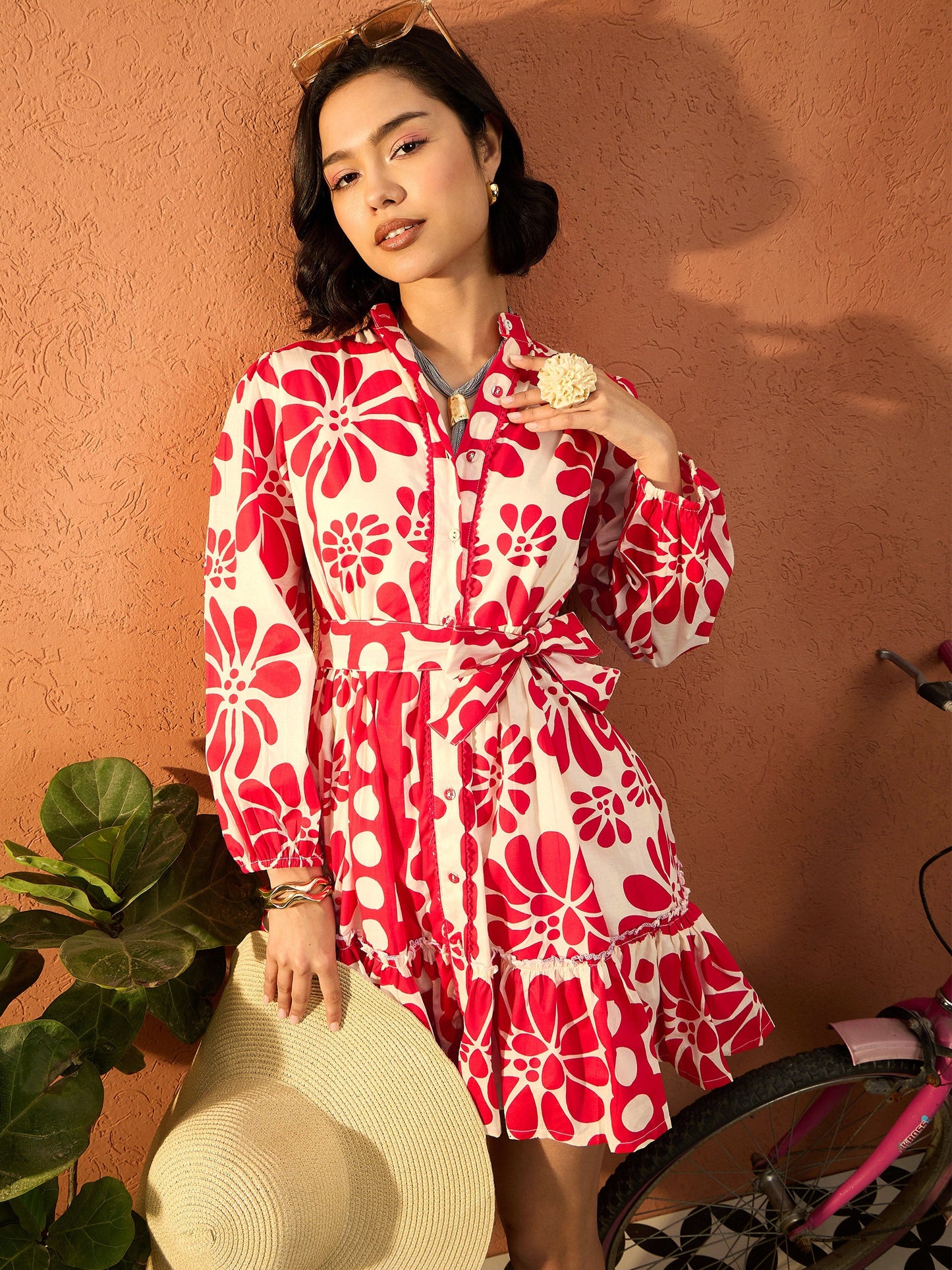 Women Red & Beige Floral Front Button Short Dress