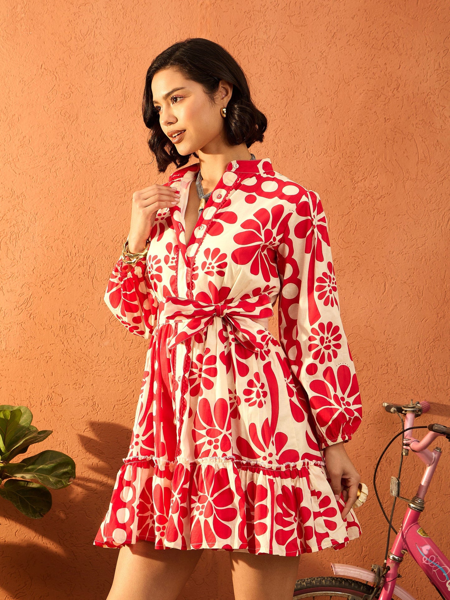Women Red & Beige Floral Front Button Short Dress