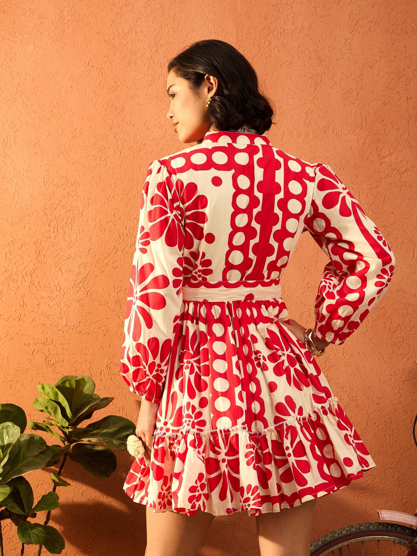 Women Red & Beige Floral Front Button Short Dress