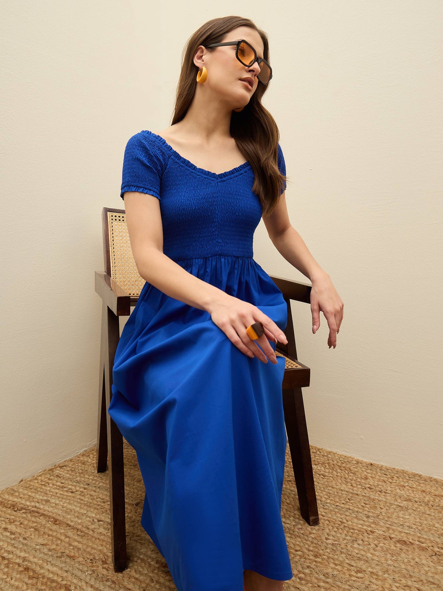 Women Blue Poplin Smocked Midi Dress