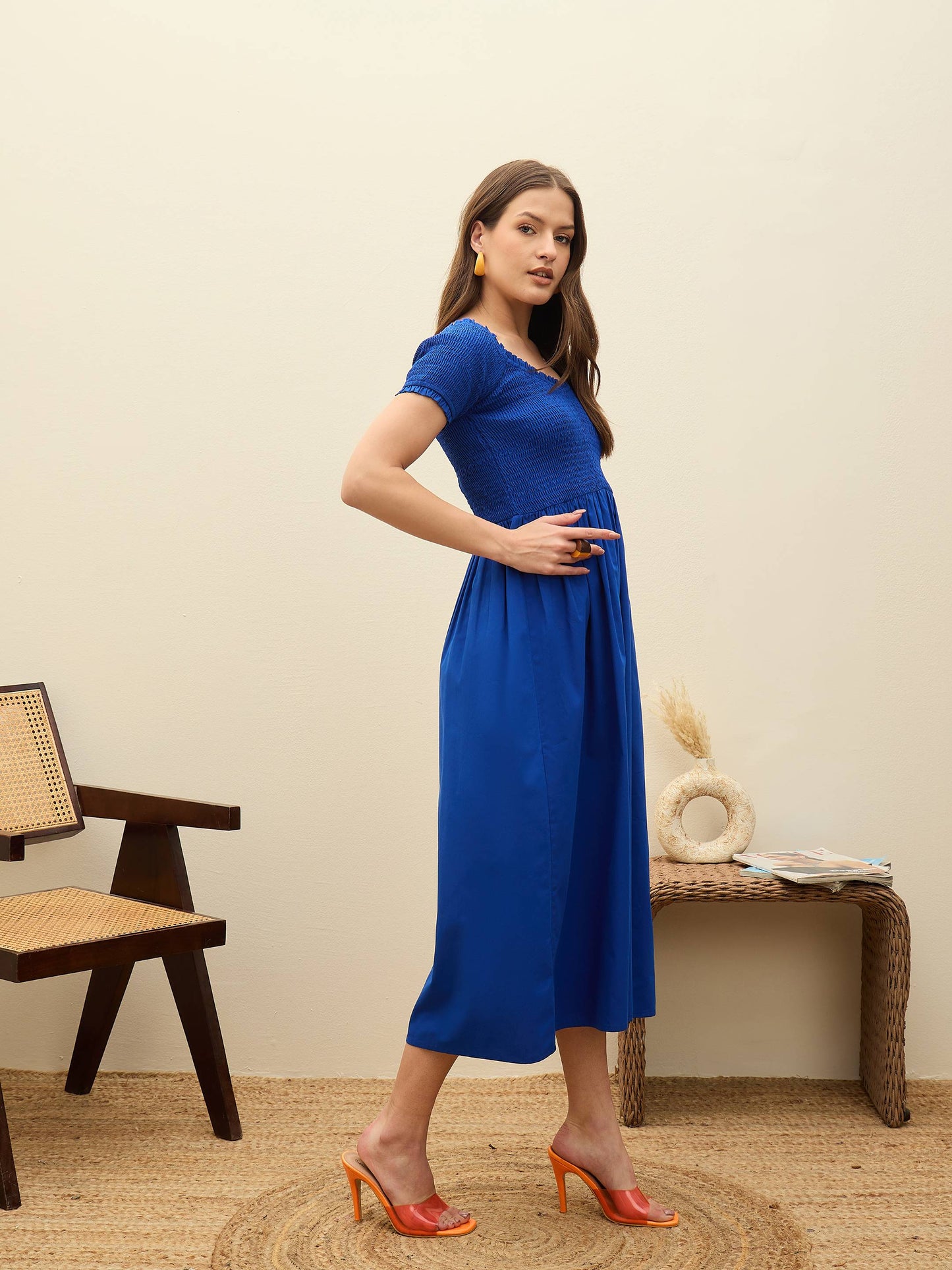 Women Blue Poplin Smocked Midi Dress