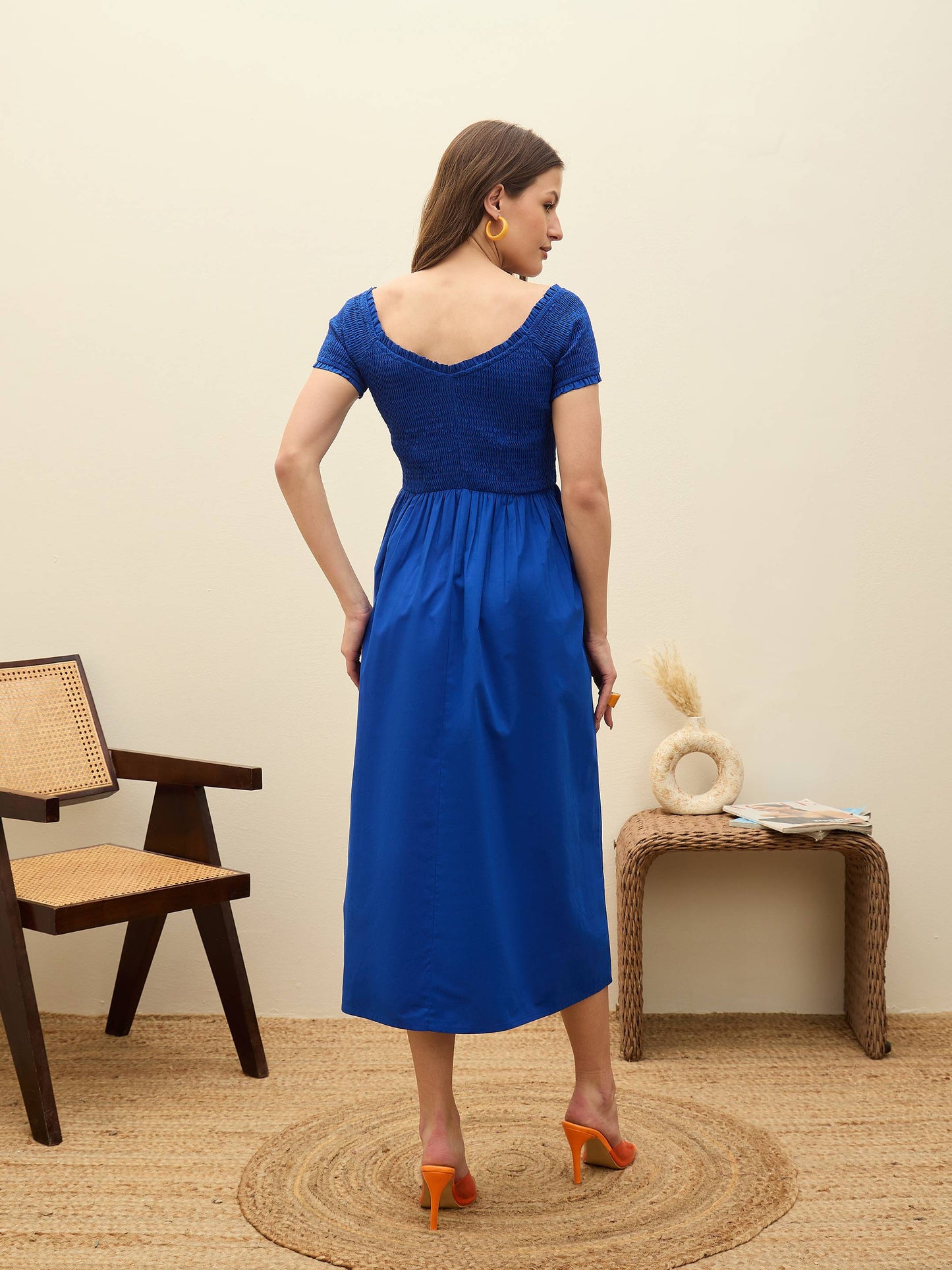 Women Blue Poplin Smocked Midi Dress