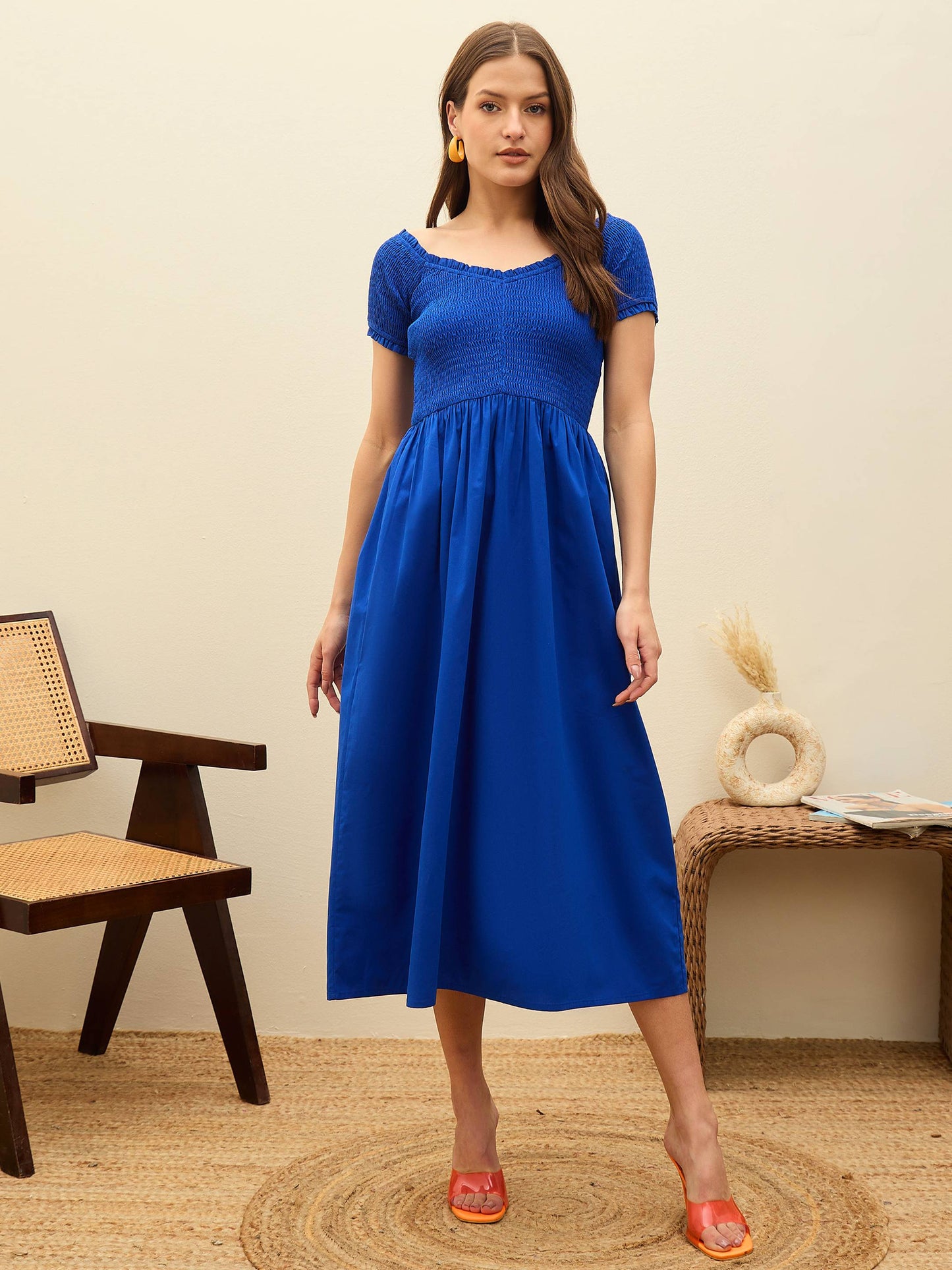 Women Blue Poplin Smocked Midi Dress
