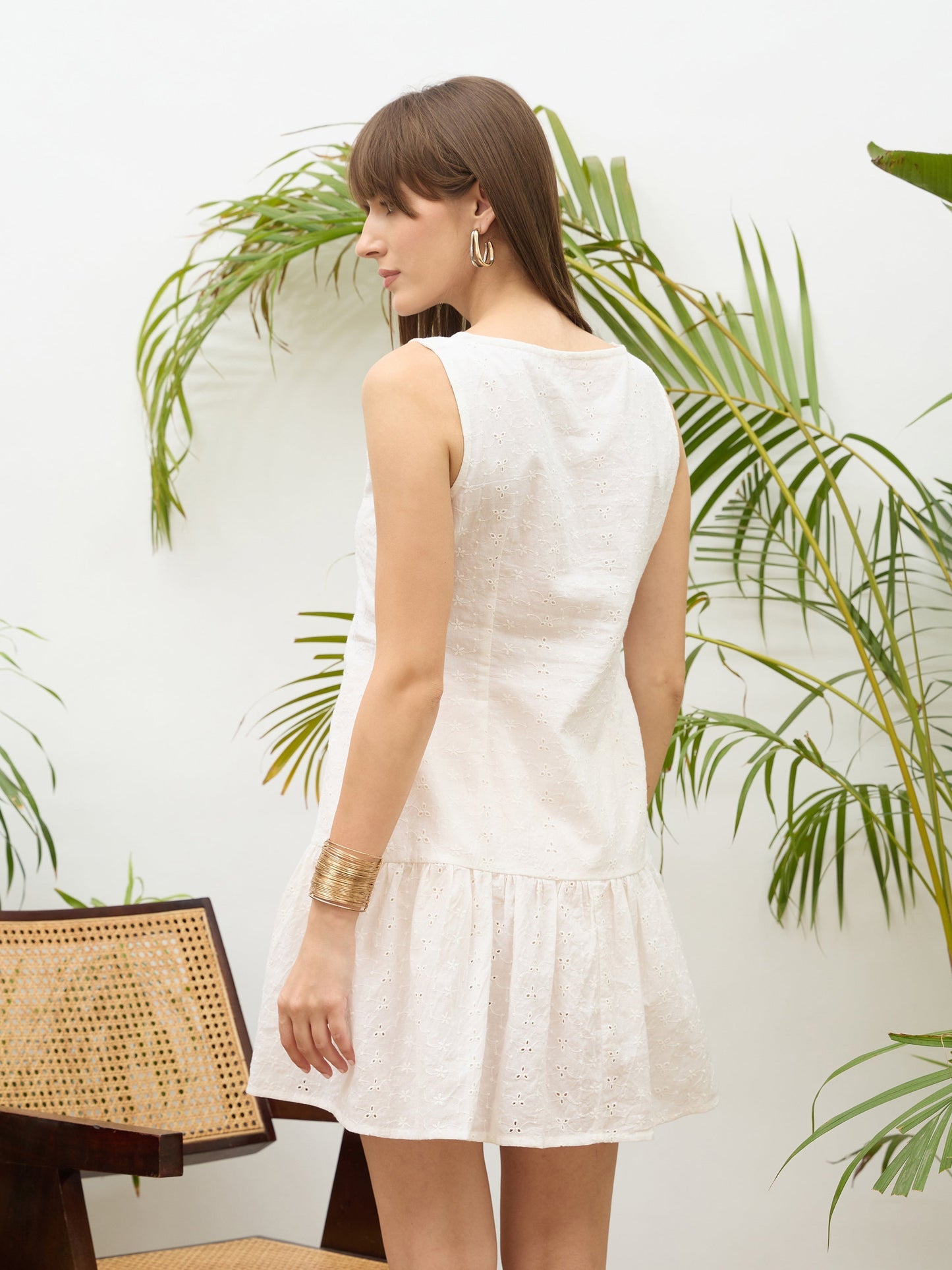 Women White Schiffli Sleeveless Gathered  Short Dress