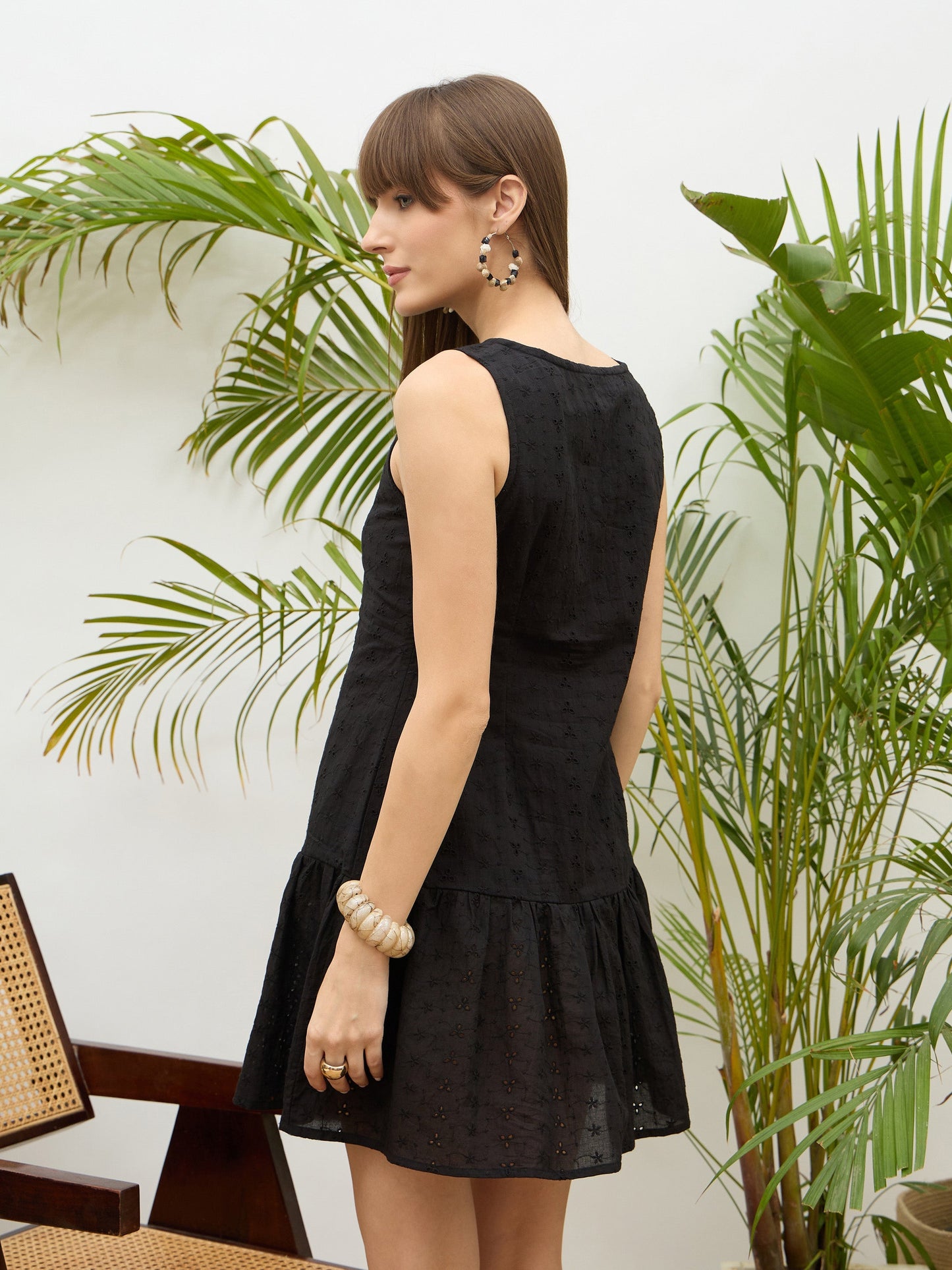 Women Black Schiffli Sleeveless Gathered Short Dress
