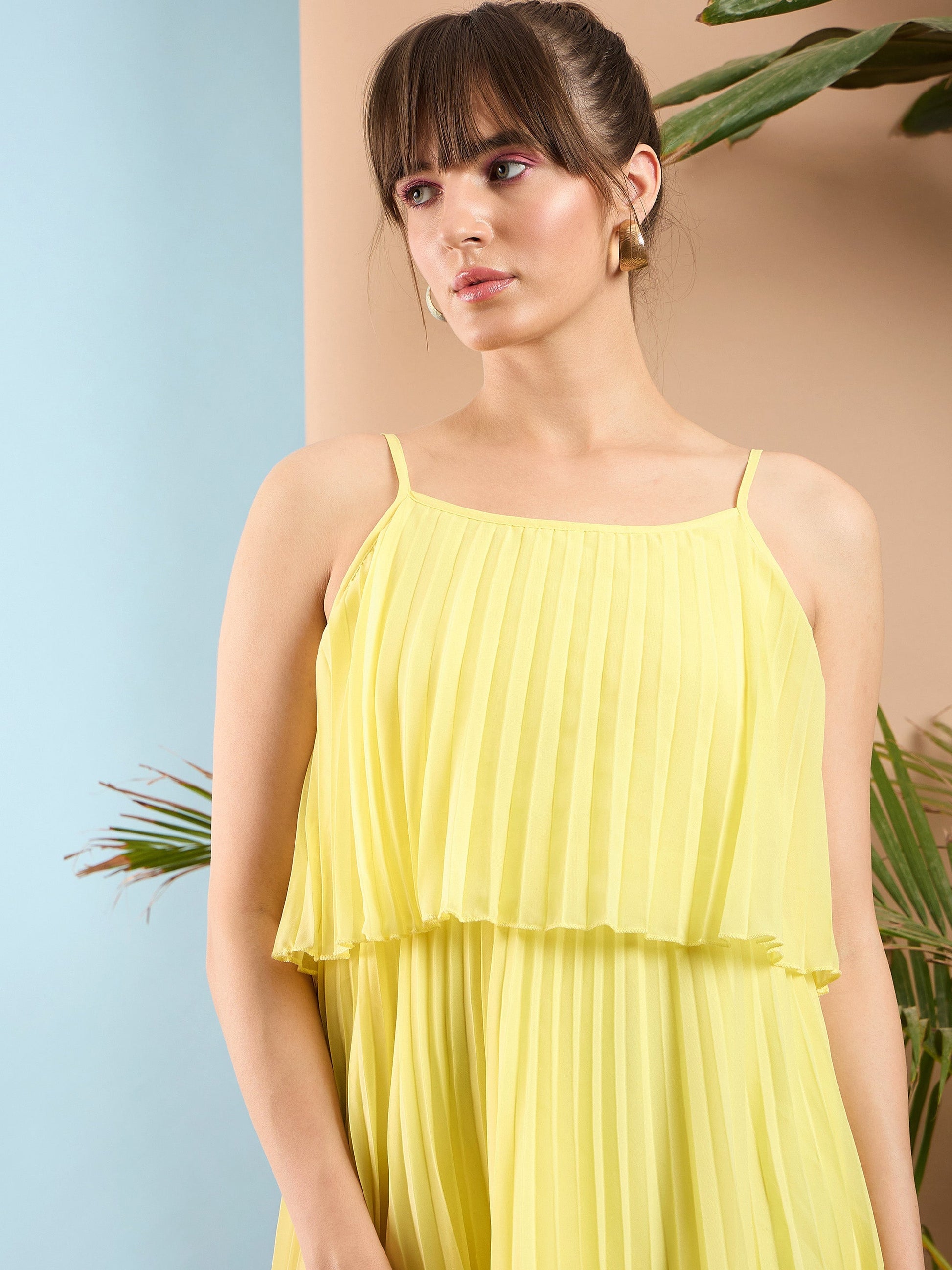 Lemon Pleated Short Strappy Skater Dress-SASSAFRAS