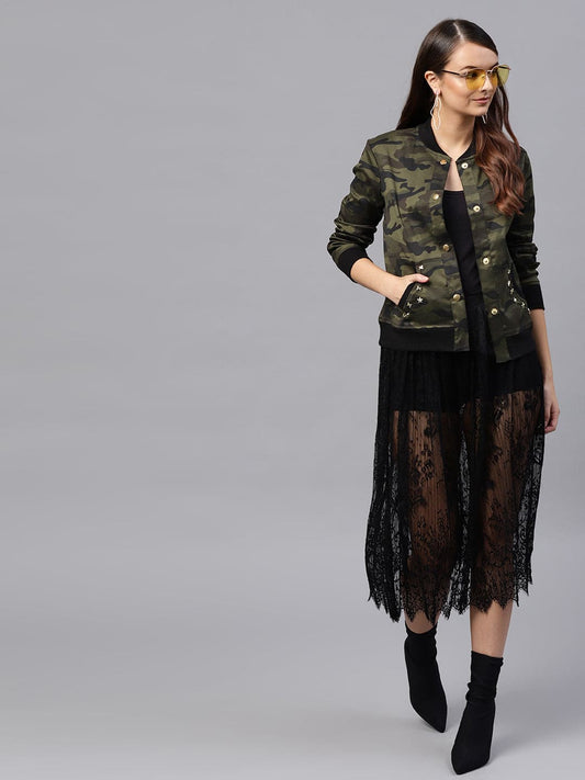 Camouflage Buttoned Bomber Jacket-Jackets-SASSAFRAS