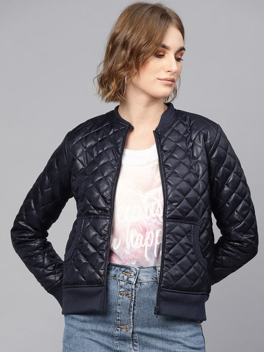 Navy Quilted Bomber Jacket-Jackets-SASSAFRAS