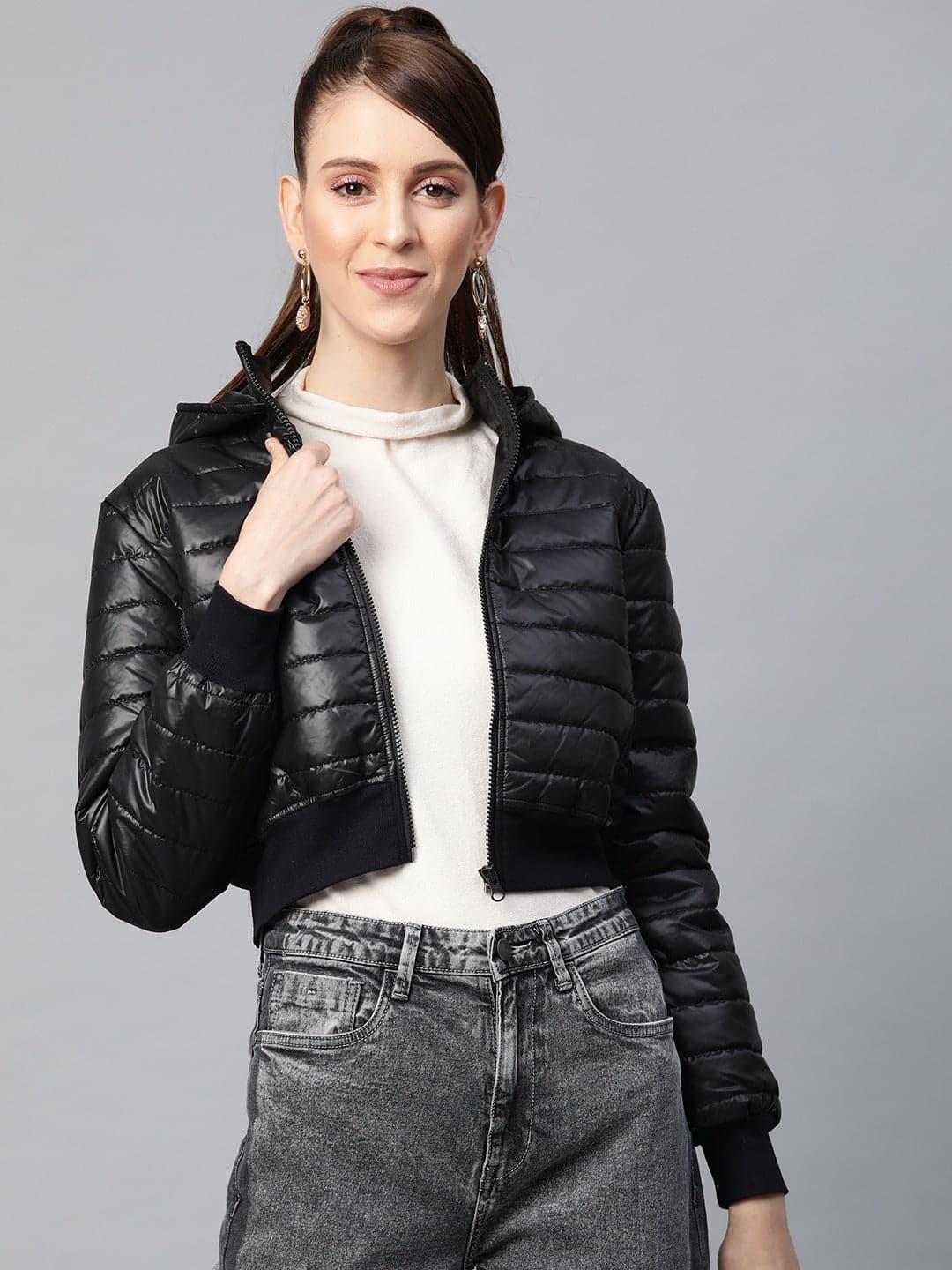 Black Hooded Crop Bomber Puffer Jacket-Jackets-SASSAFRAS