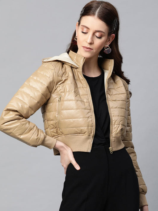 Khaki Hooded Crop Bomber Puffer Jacket-Jackets-SASSAFRAS