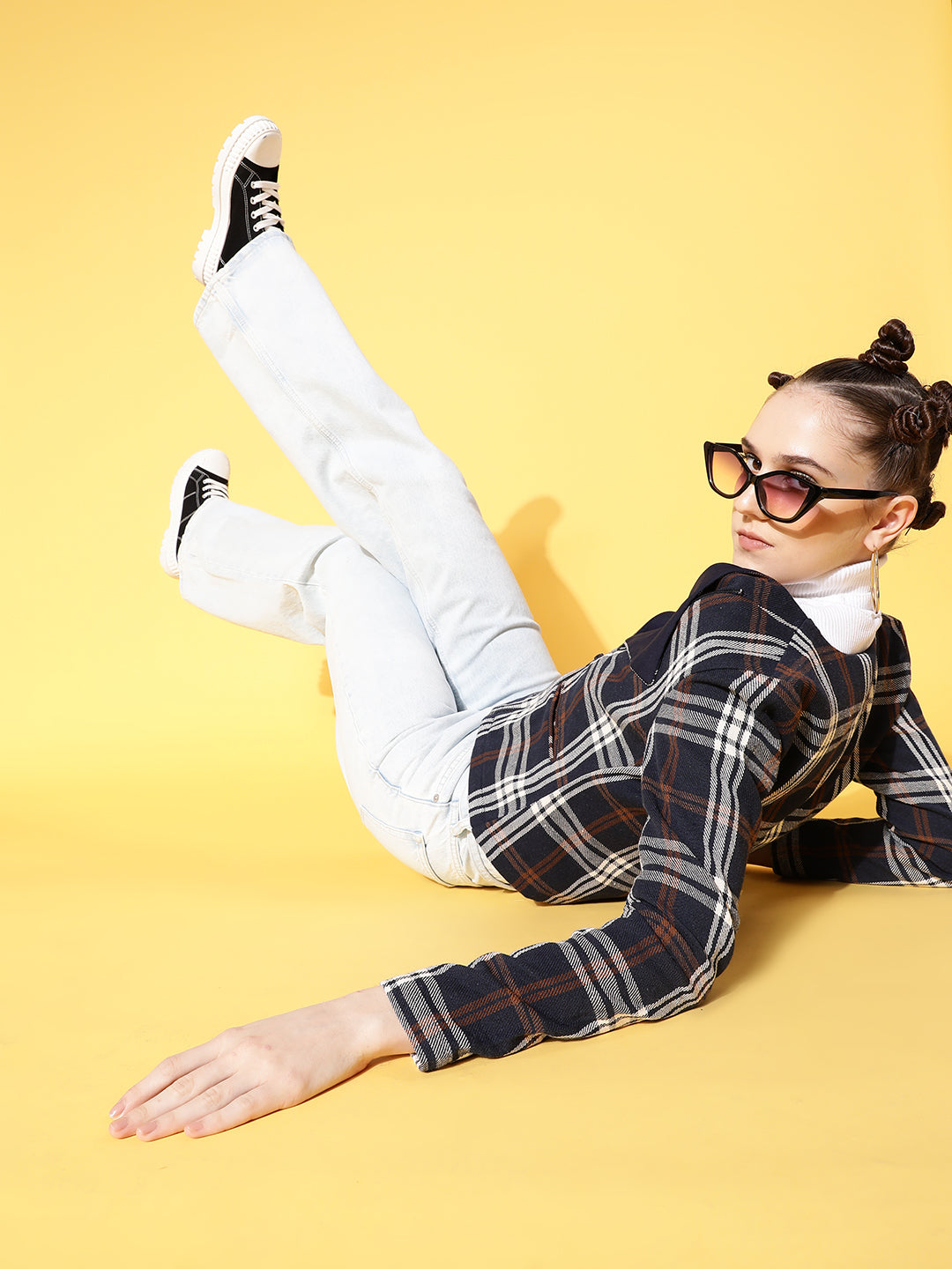 Navy Flannel Check Biker Jacket-SASSAFRAS