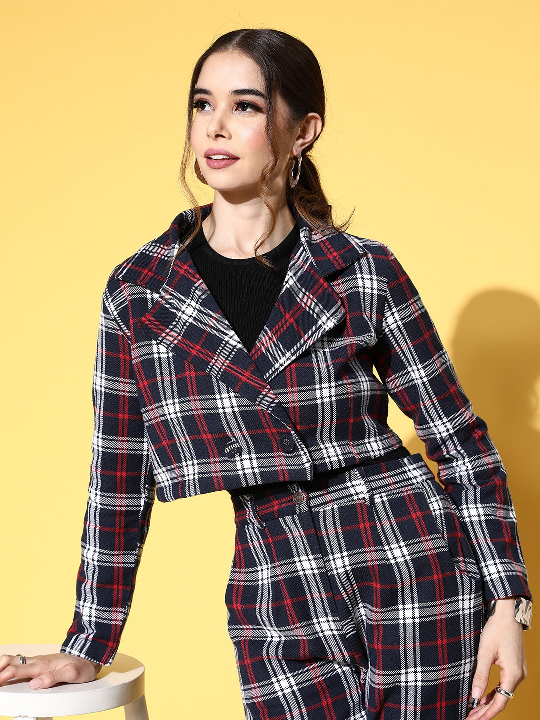 Navy Flannel Check Crop Blazer-SASSAFRAS
