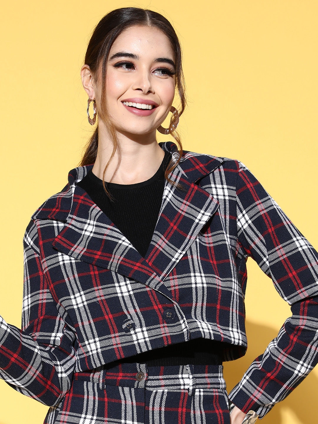 Navy Flannel Check Crop Blazer-SASSAFRAS
