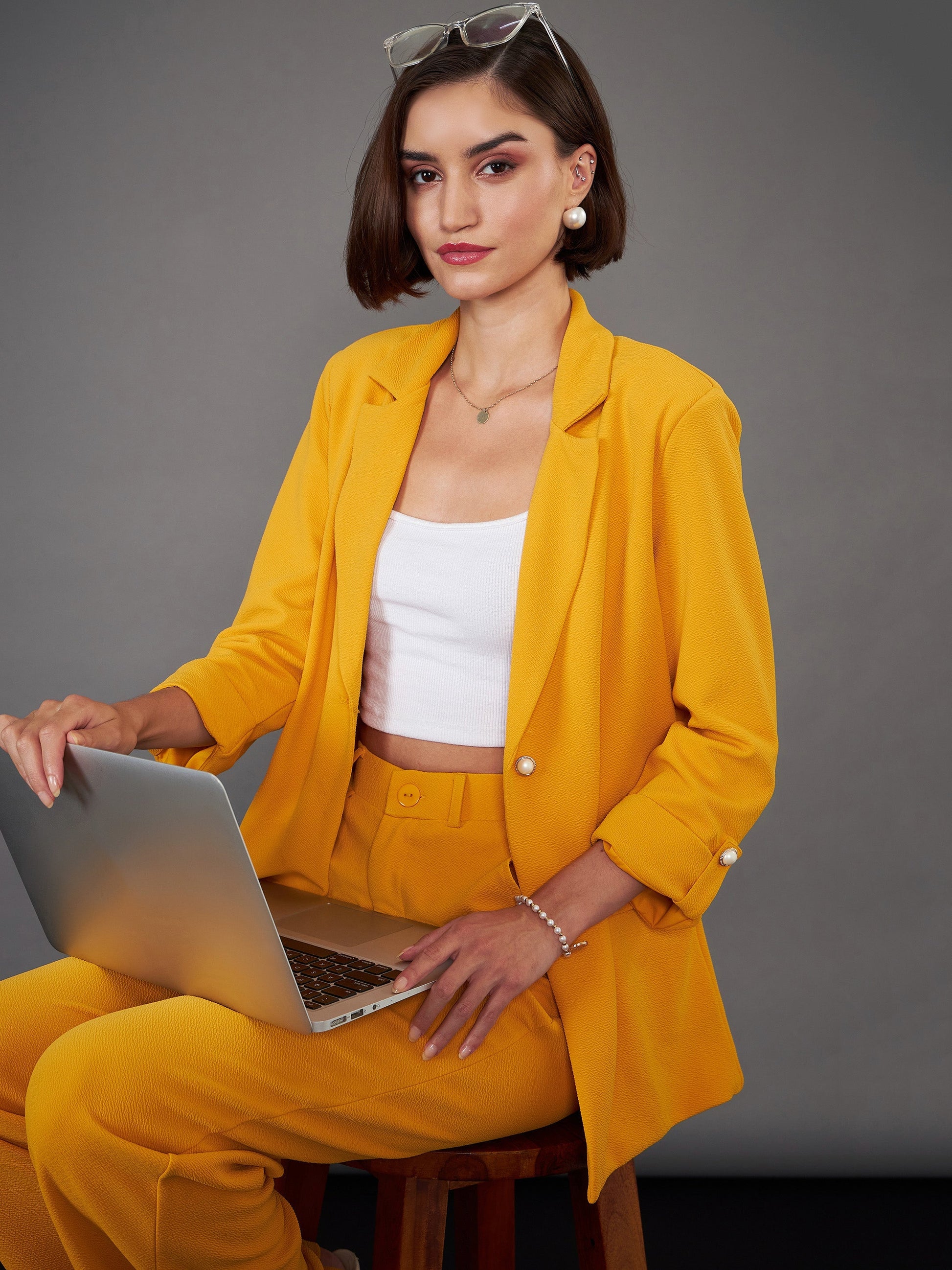 Mustard Front Button Blazer-SASSAFRAS worklyf