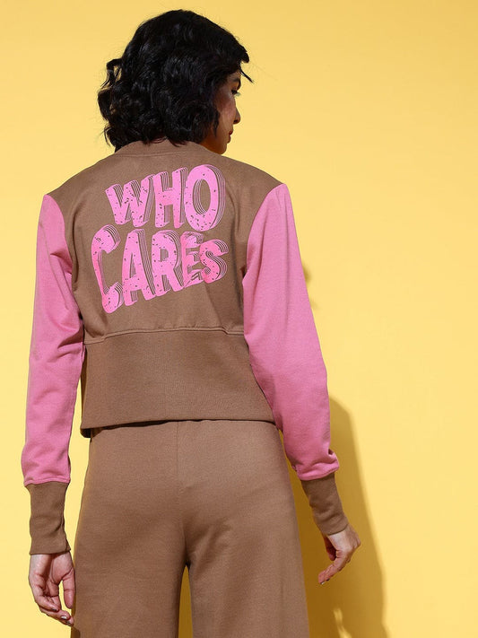 Brown WHO CARES Color Block Crop Jacket-SASSAFRAS