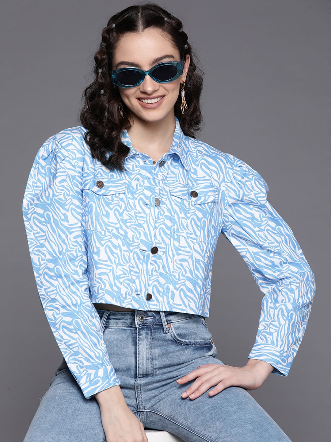 Blue Abstract Print Twill Crop Jacket-SASSAFRAS