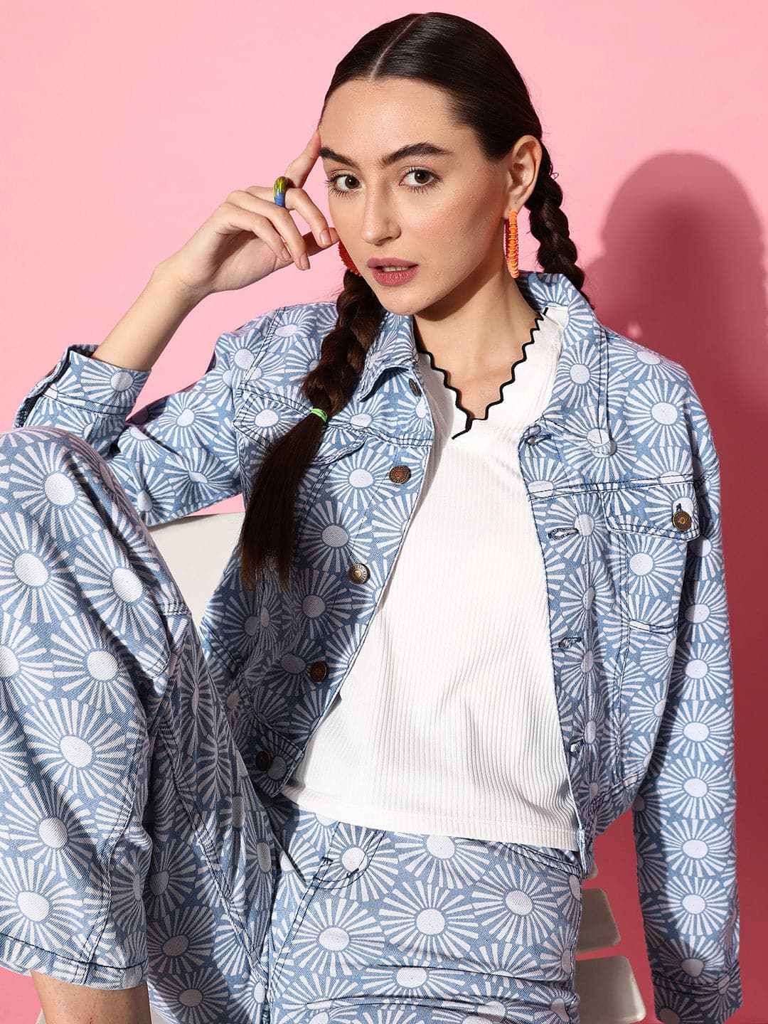 Blue Floral Print Denim Jacket-SASSAFRAS