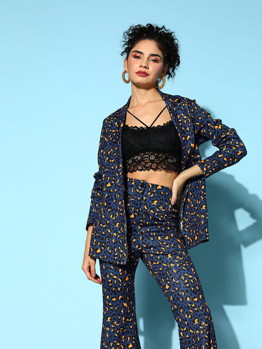 Navy Cheetah Scuba Double Breasted Blazer -SASSAFRAS