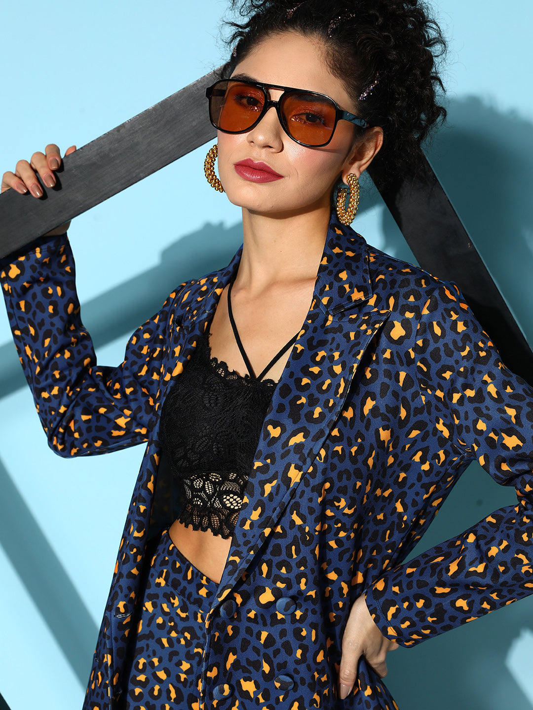 Navy Cheetah Scuba Double Breasted Blazer -SASSAFRAS