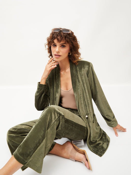Olive Velvet Shawl Collar Blazer-SASSAFRAS