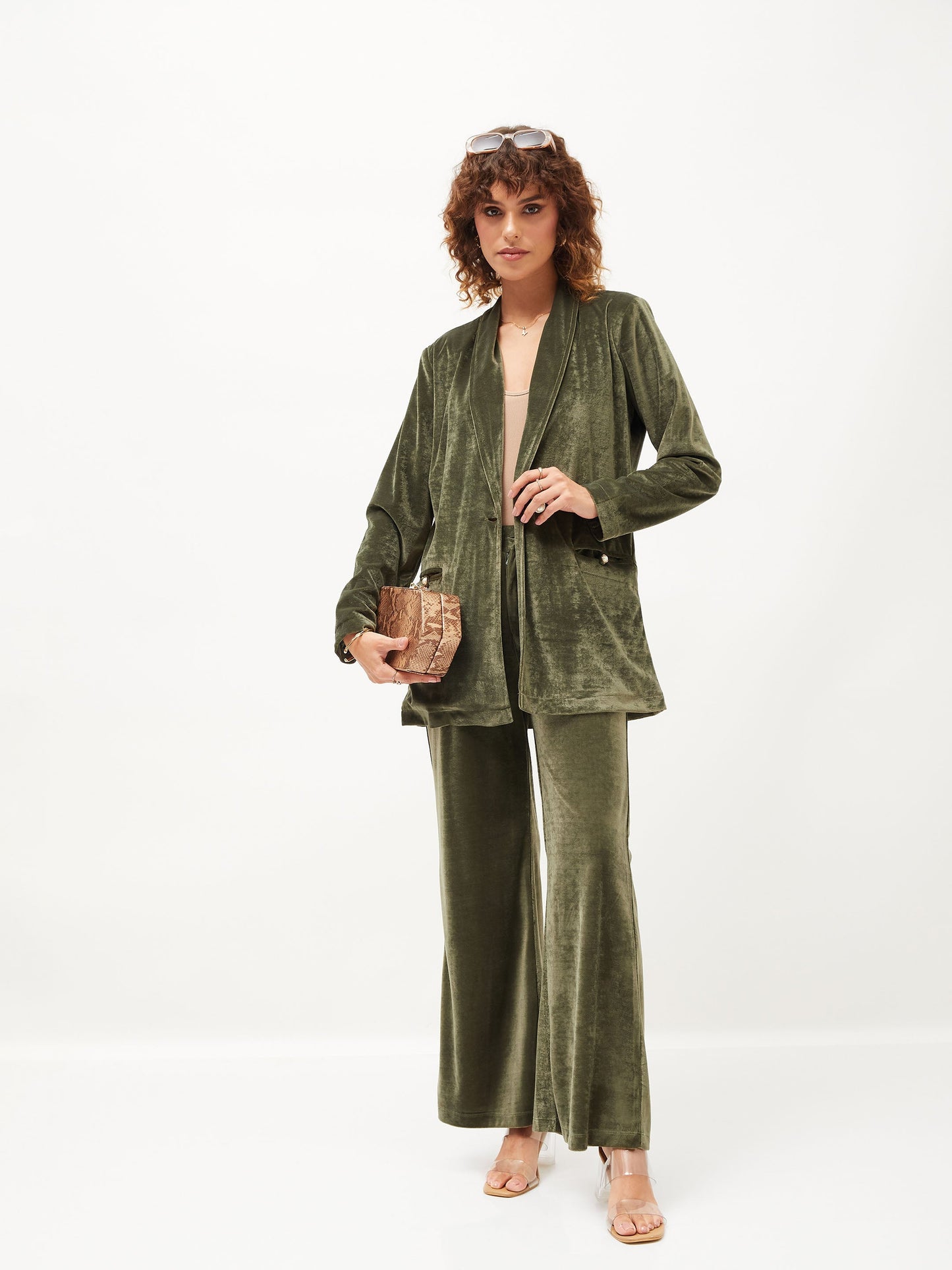 Olive Velvet Shawl Collar Blazer-SASSAFRAS
