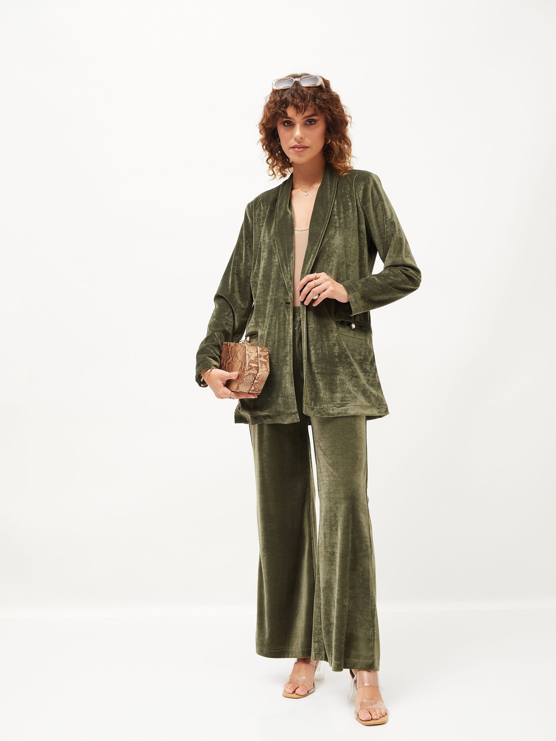 Olive Velvet Shawl Collar Blazer-SASSAFRAS