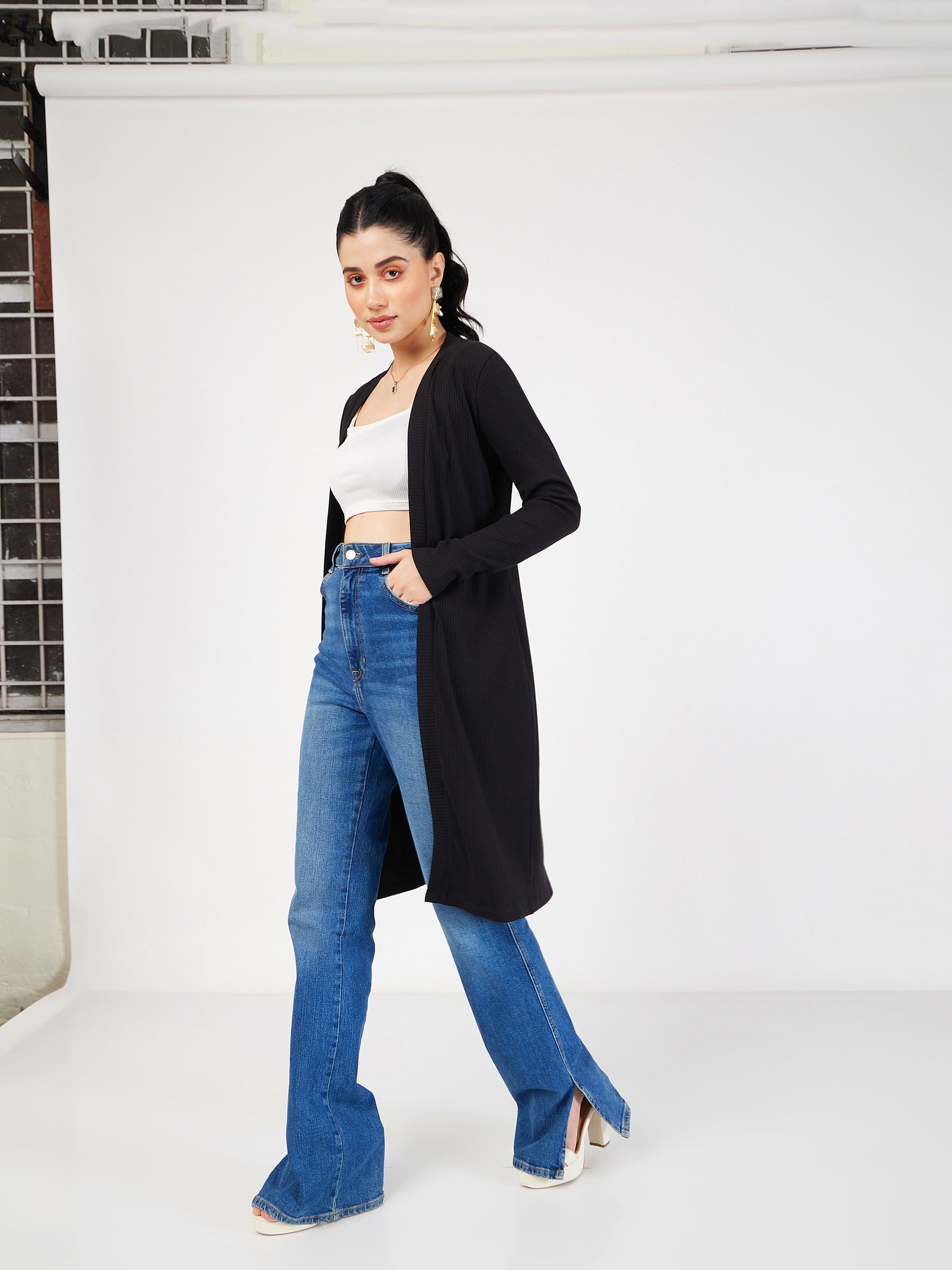 Black Rib Front Open Shrug-SASSAFRAS