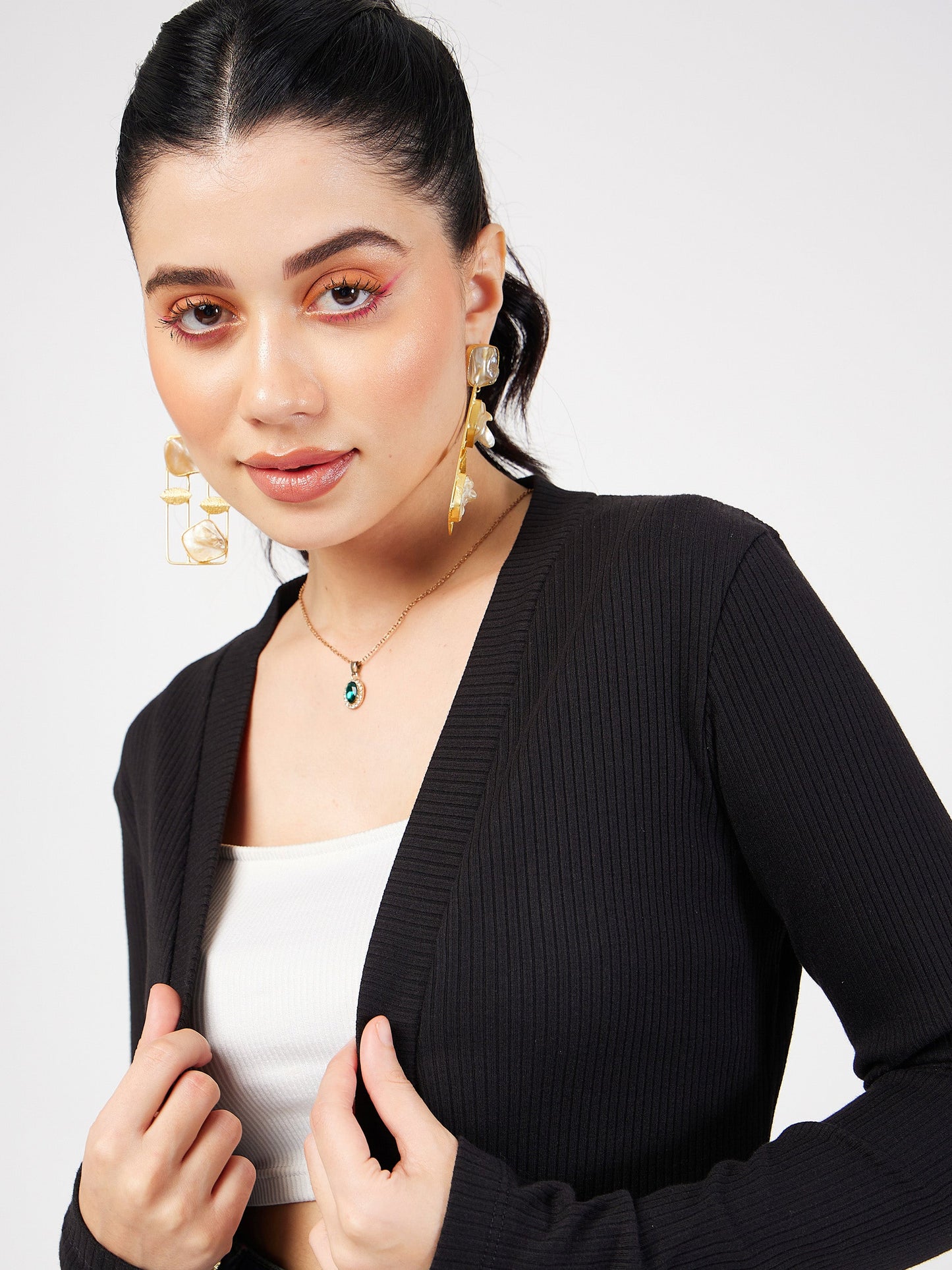 Black Rib Front Open Shrug-SASSAFRAS