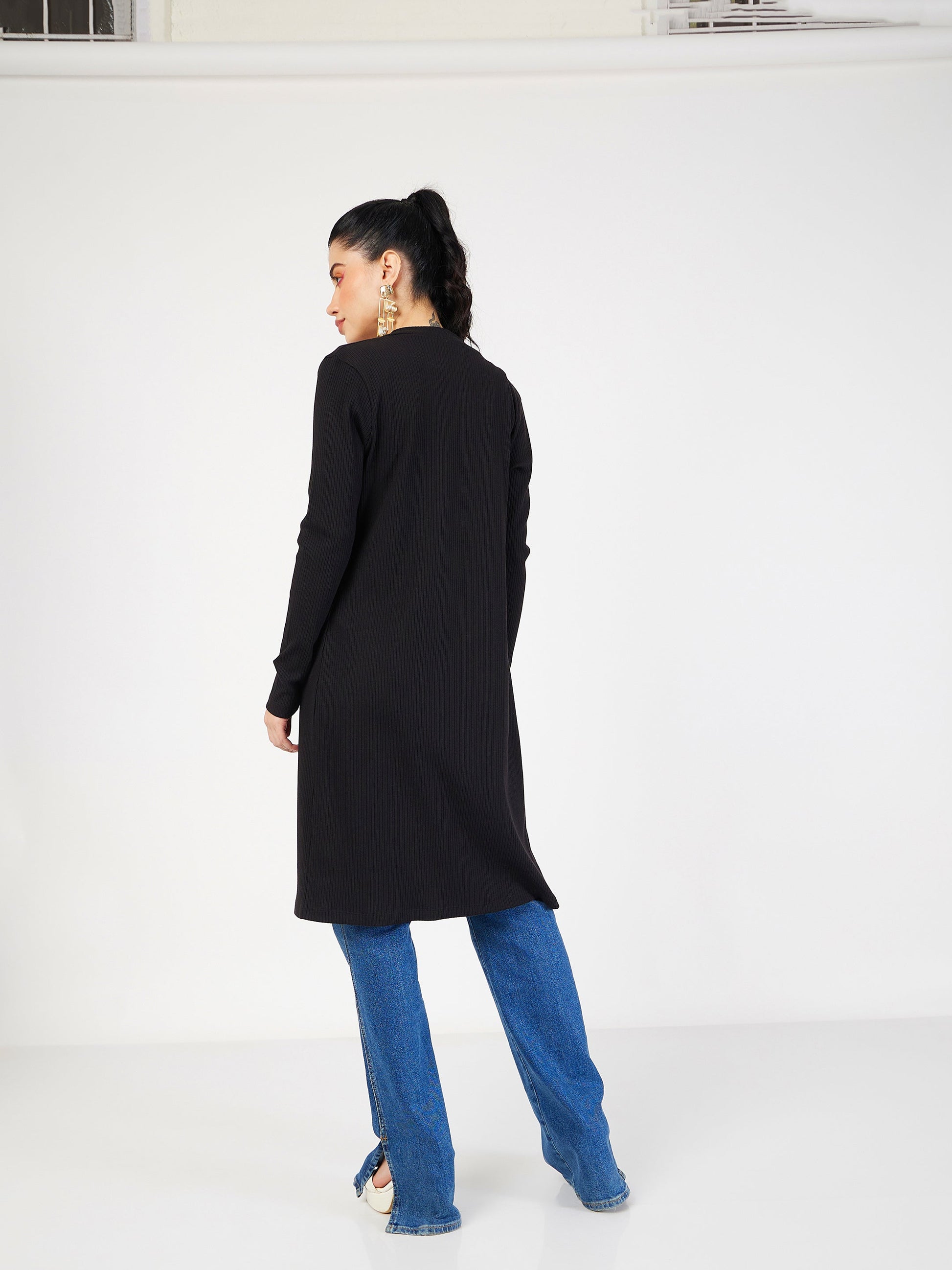 Black Rib Front Open Shrug-SASSAFRAS